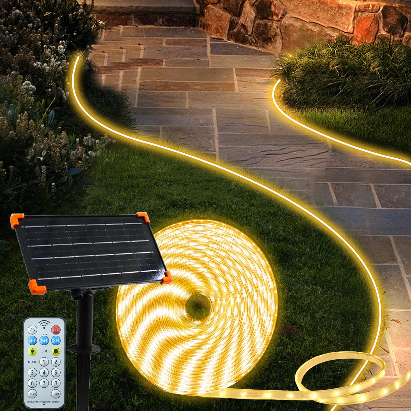BSGlobal 50Ft Solar LED Strip Lights, 540 LEDs, IP68 Waterproof, Remote Control, Warm White, Model S-15MStripL