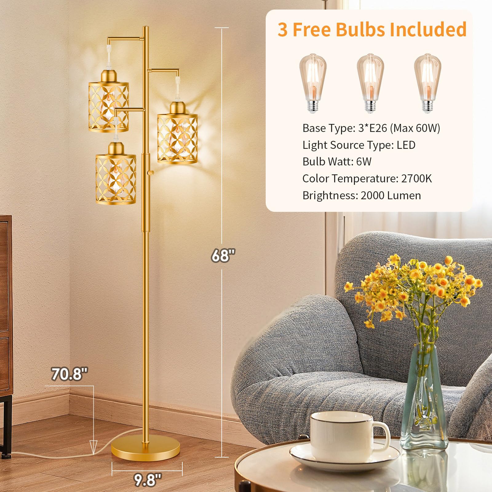 Ghoocemlux 68'' Dimmable Floor Lamp, Modern Standing Lamp With Elegant Metal Cage, Industrial Tall Tree Floor Lamps For Living R