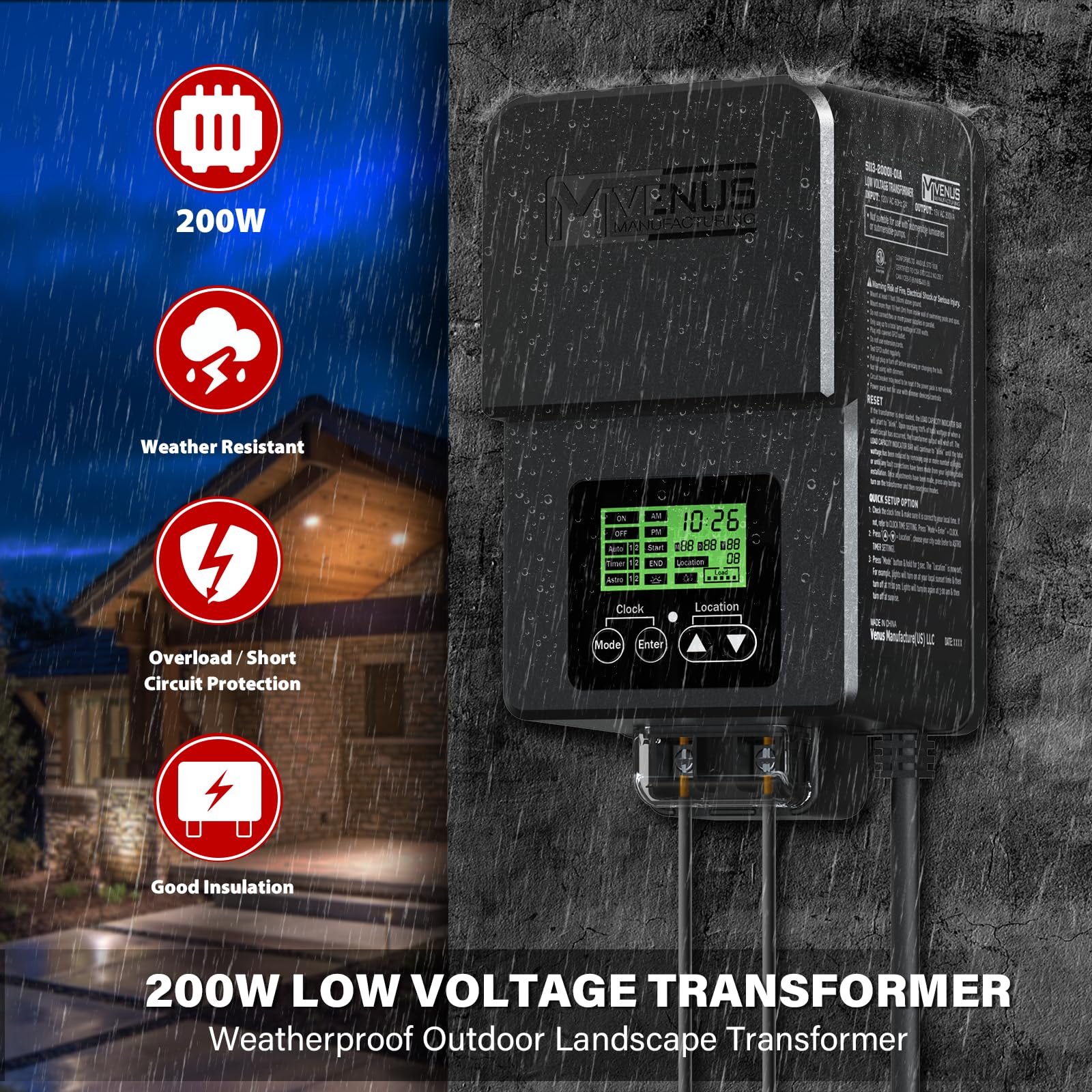 VENUS MANUFACTURING 200W Outdoor Low Voltage Transformer with Timer & Photo Sensor, 120V AC to 12V-15V AC, Black-Grey