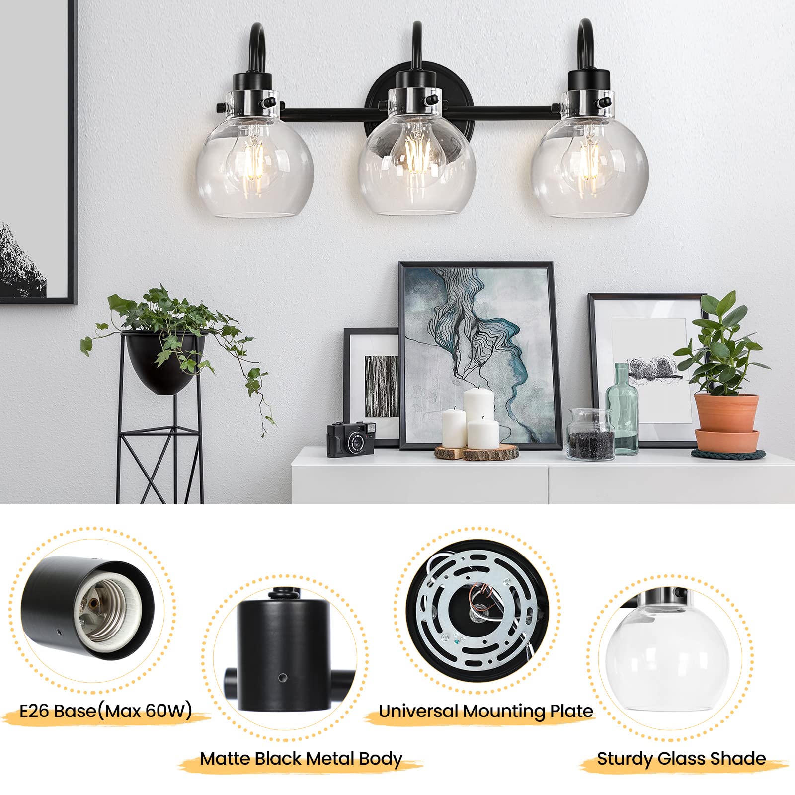 Apenath 3-Light Black Bathroom Vanity Light Fixtures with Globe Glass Shade, Metal, Model FL-3BRWL-01