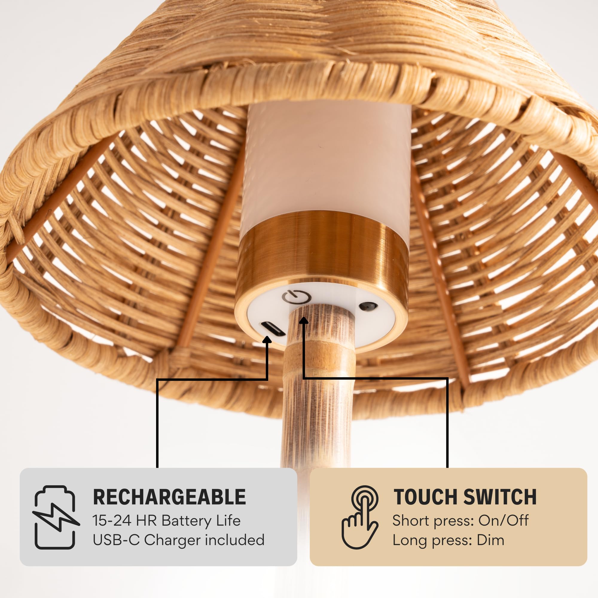 LUXELYKOS Bamboo Cordless LED Table Lamp - 15 Rechargeable, Dimmable Warm Light, Natural Rattan - Indoor/Outdoor Use with Remote