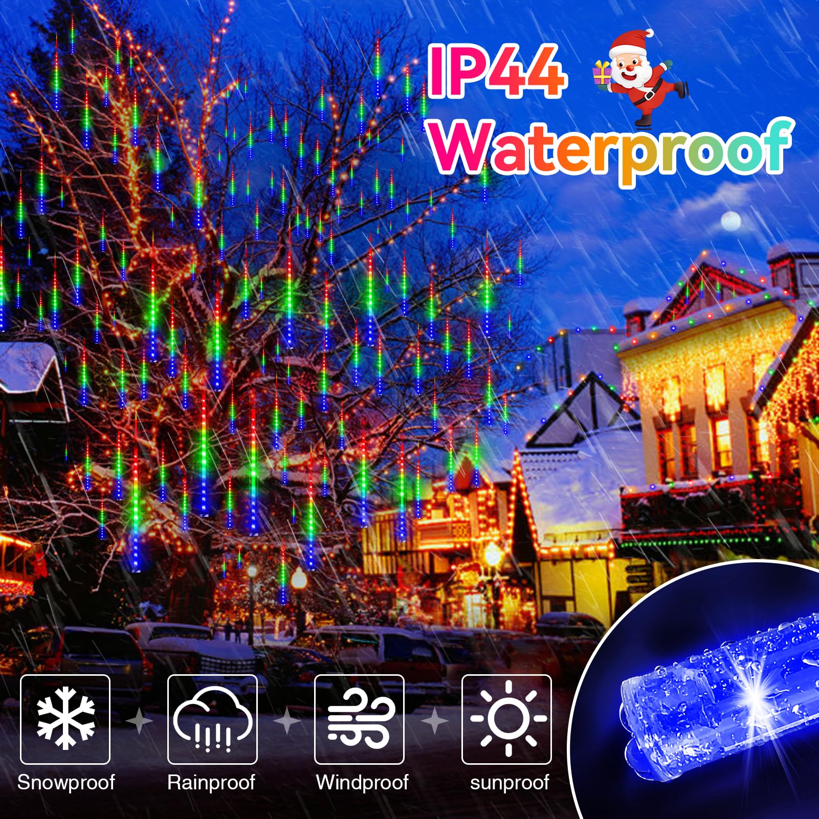 KNONEW 15in Outdoor Christmas Lights, 24 Tube 672 LED Meteor Shower, Waterproof, Multicolor, Model KN-1000-LIG168-01