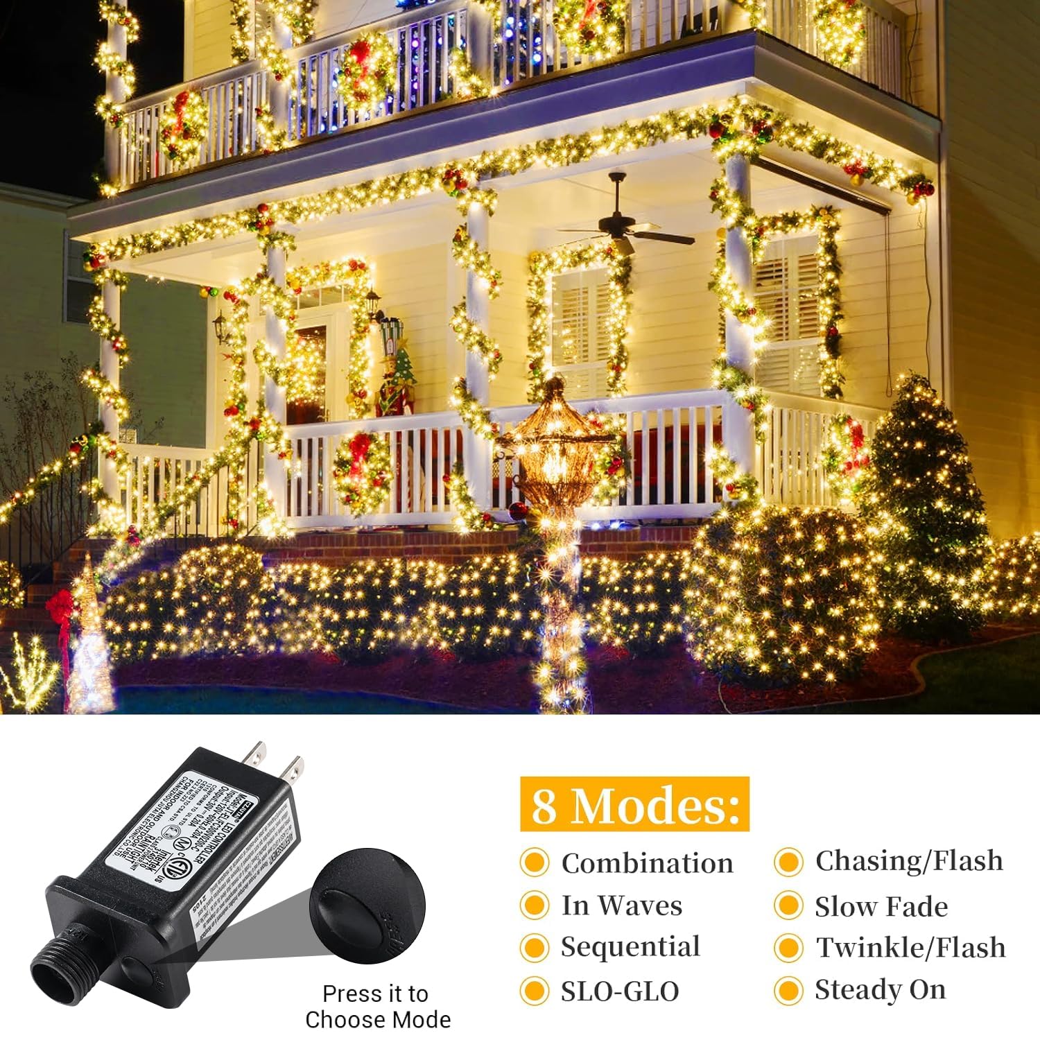 Areker Christmas Cluster Lights 1000Led Warm White Christmas Tree Lights 33Ft 8 Modes&Memory Function With Dark Wire  Waterproof Christmas String Lights Outdoor Indoor Garden Wedding