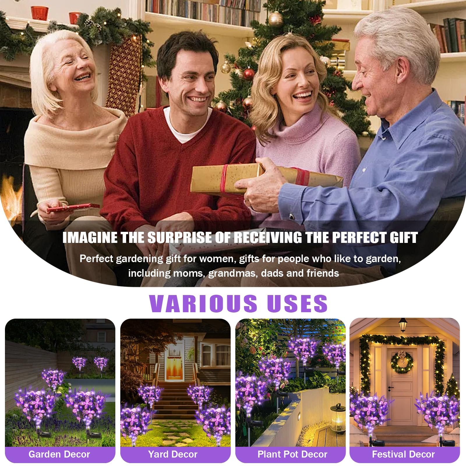 Solar Garden Lights Outdoor, 2 Pack Purple Lavender Solar Butterfly Lights Gardening Gifts For Women, Purple Solar Artificial Flower With Butterfly Purple Garden Decor For Lawn Patio