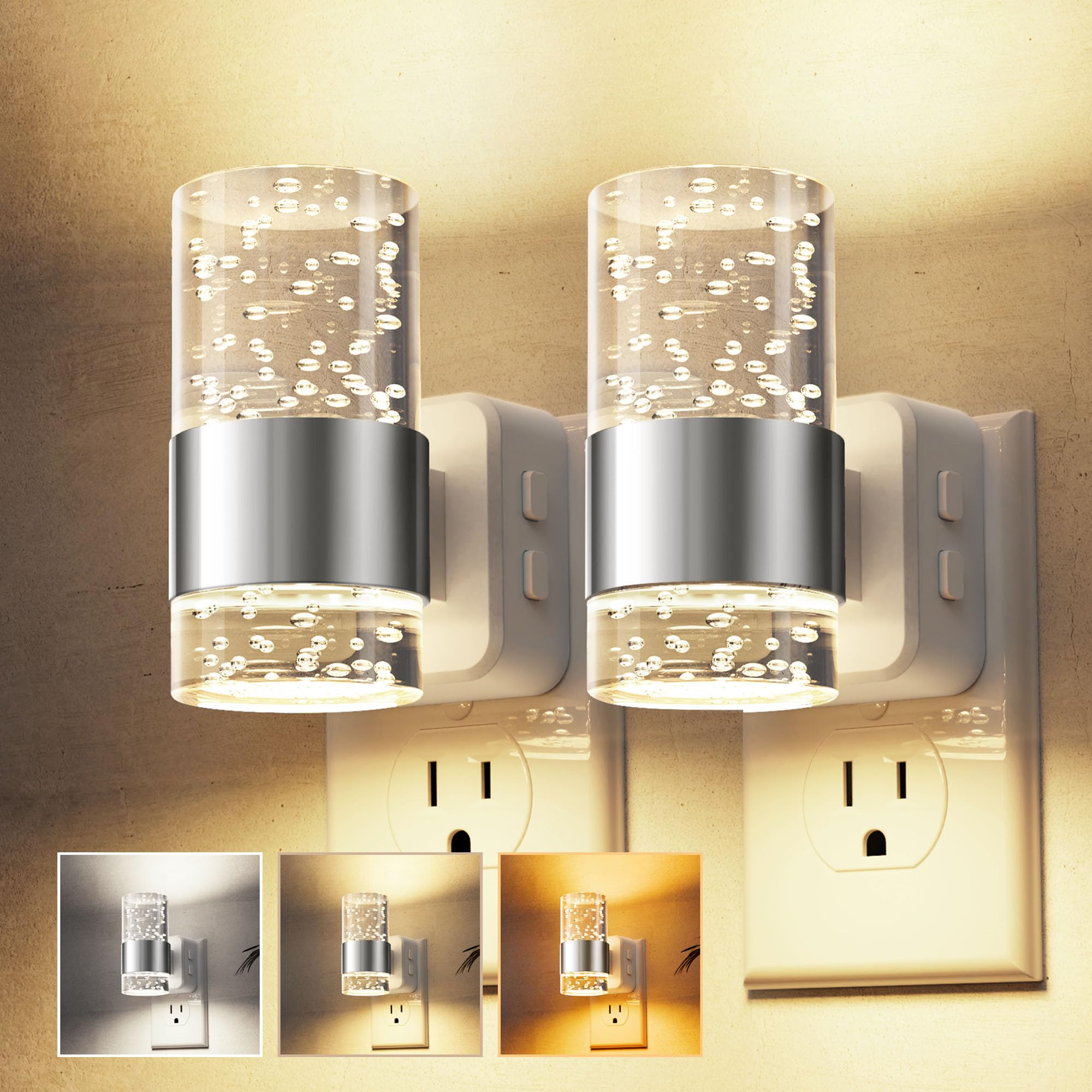 L LOHAS LED Night Lights Plug into Wall 2 Pack, Dimmable Night Light with Dusk-to-Dawn Sensor, Soft White/Cool White/Amber 3 Col