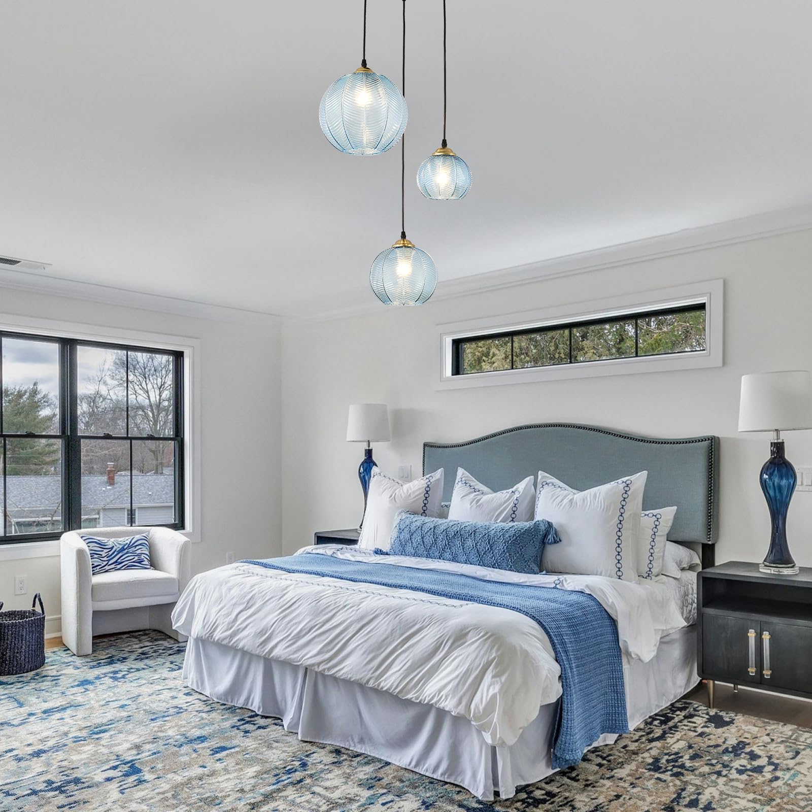 Testoys 3-Light Blue Glass Pendant Light, Globe Shade Hanging Chandelier, Hand Blown Glass Ball Pendant Light Fixtures For Kitch
