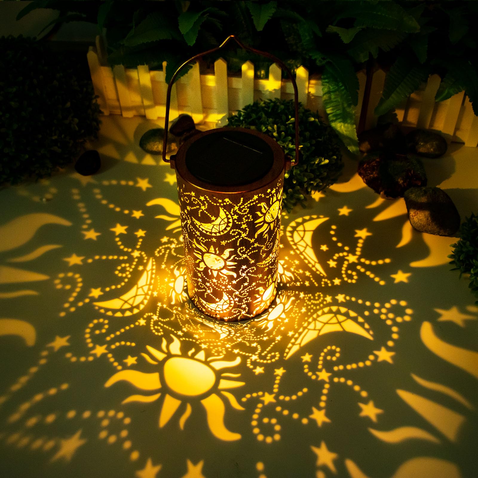 Solar Lanterns Outdoor Hanging Lantern Lights,Sun Moon Metal Decor Lanterns-Waterproof Led Decorative Light For Garden Patio Yar