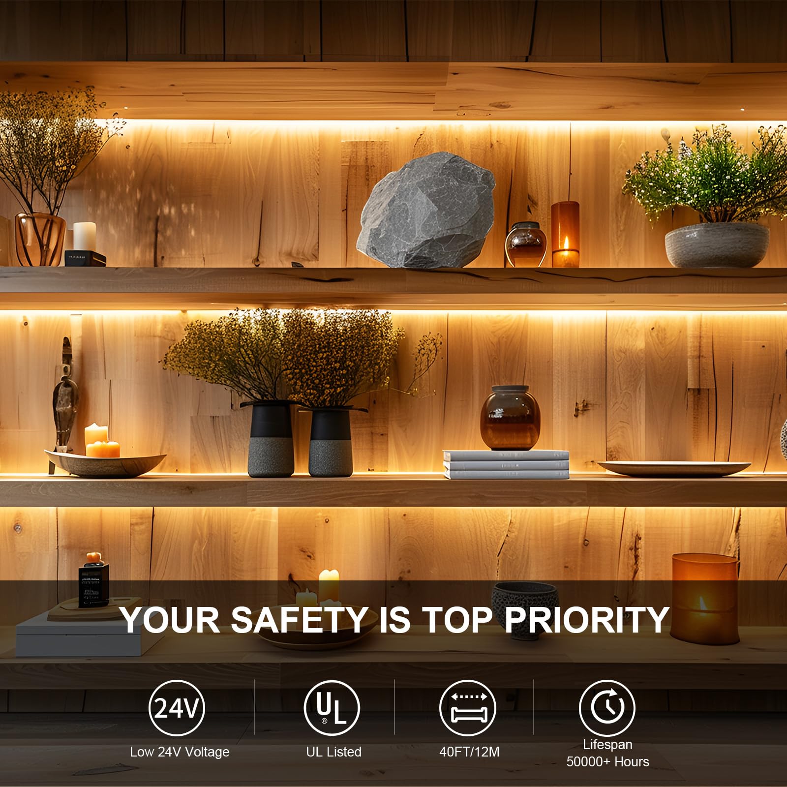 BUNACET COB LED Strip Light 40ft Warm White 3000K High Lumen CRI 90+ with RF Remote and UL Listed Power Adapter