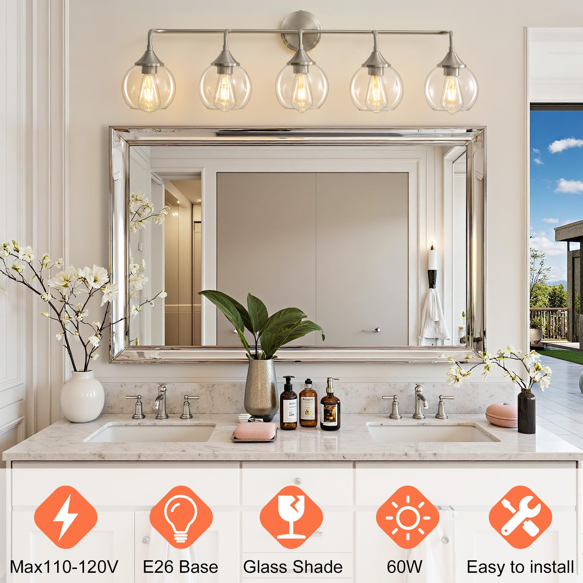 Gednbo Bathroom Vanity Lights With Clear Glass Shade  E26 Base  Vanity Lighting Fixtures Over Mirror  39 Inch Vanity Lights For Bathroom (Exclude E26 Bulb) (Brushed Nickel  5-Lights)