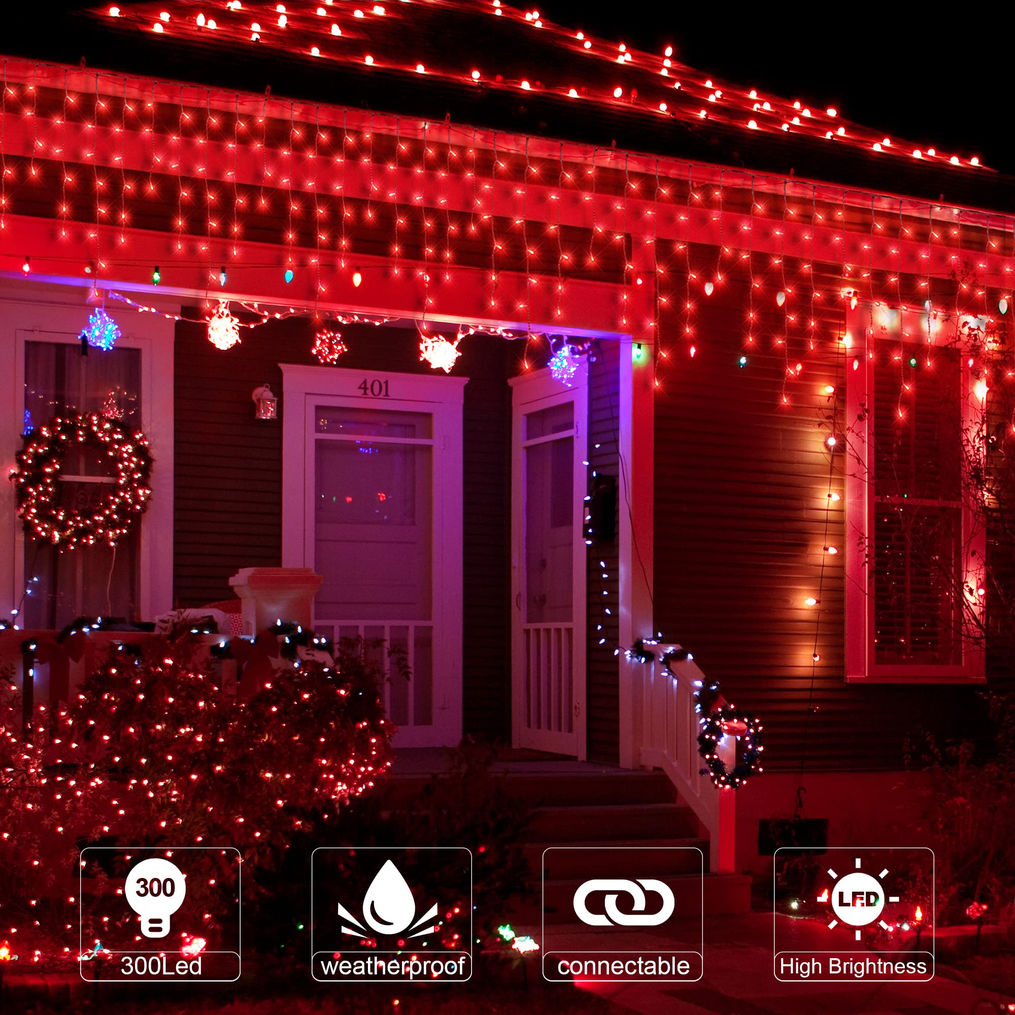 Qunlight 300L Led Icicle Lights, Red Window Curtain Lights,8 Modes With 30V Plug In For Wedding, Party, Bedroom, Home, Garden, Outdoor, Indoor Wall,Christmas Decorations,Connectable