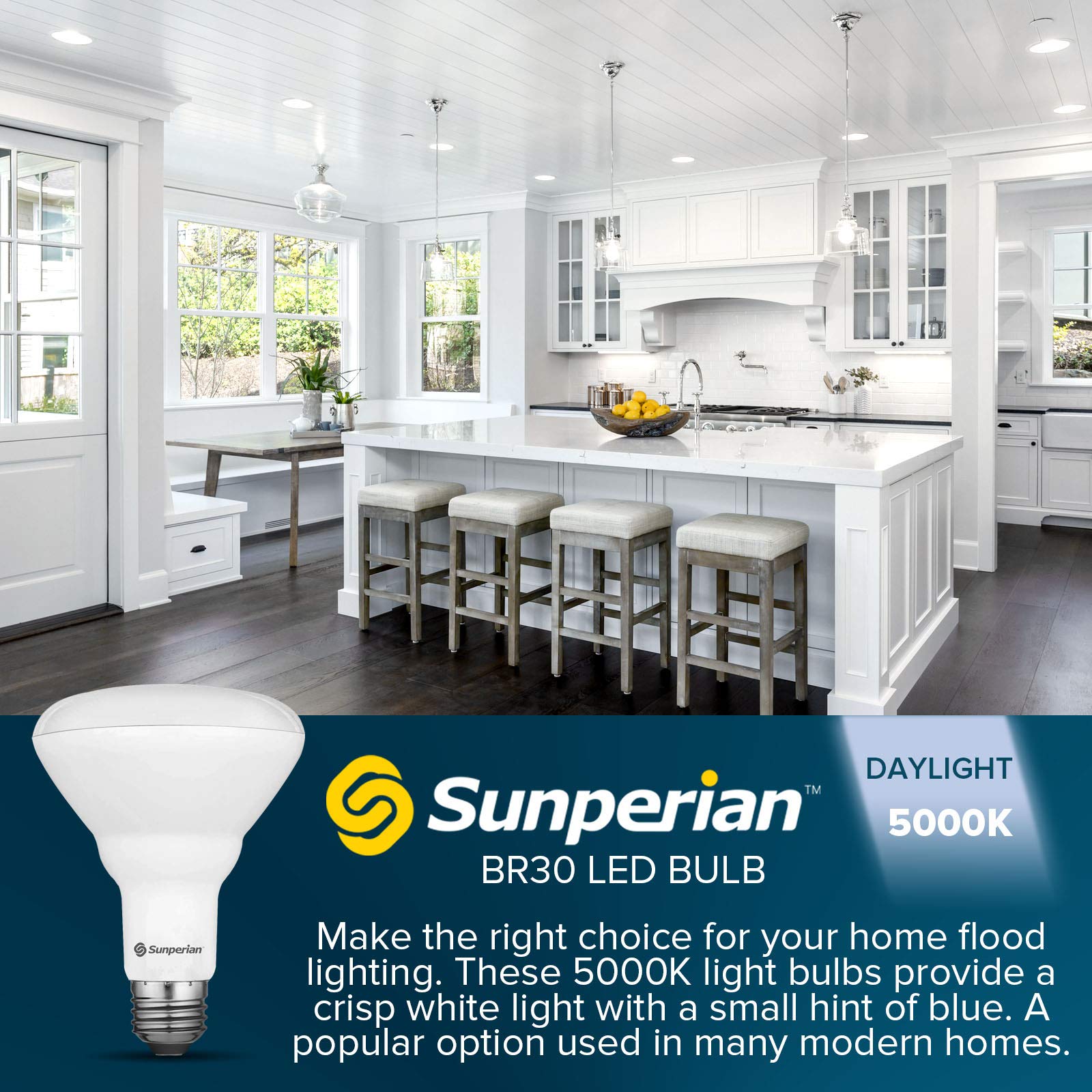 SUNPERIAN BR30 LED Bulb, 8.5W (65W Equivalent), 800 Lumens, Dimmable, 5000K Daylight, 12 Pack, E26
