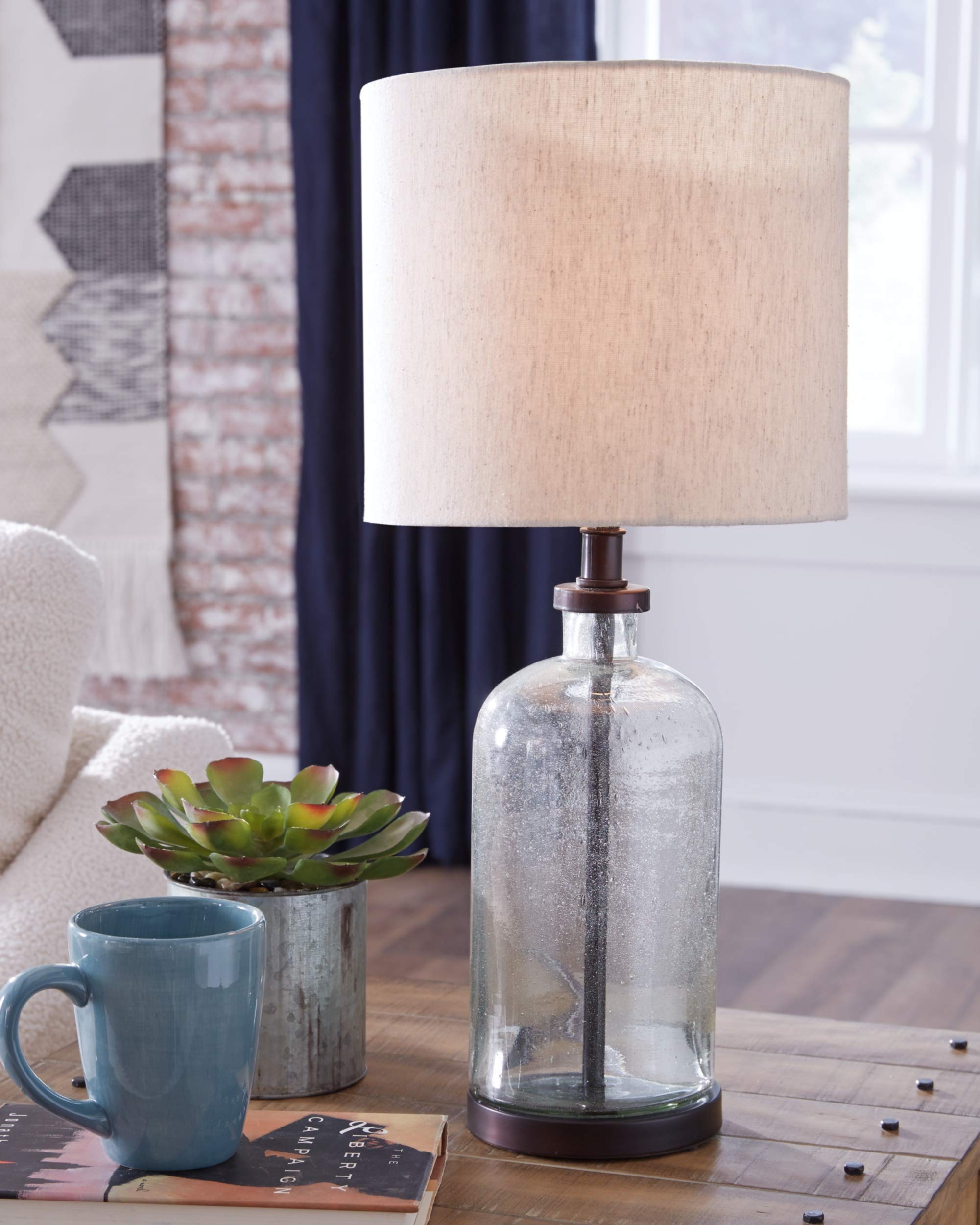 Signature Design by Ashley Table Lamp, 22.5in Modern Farmhouse, Bronze, Glass, Model L430674, 10inW x 10inD x 23inH