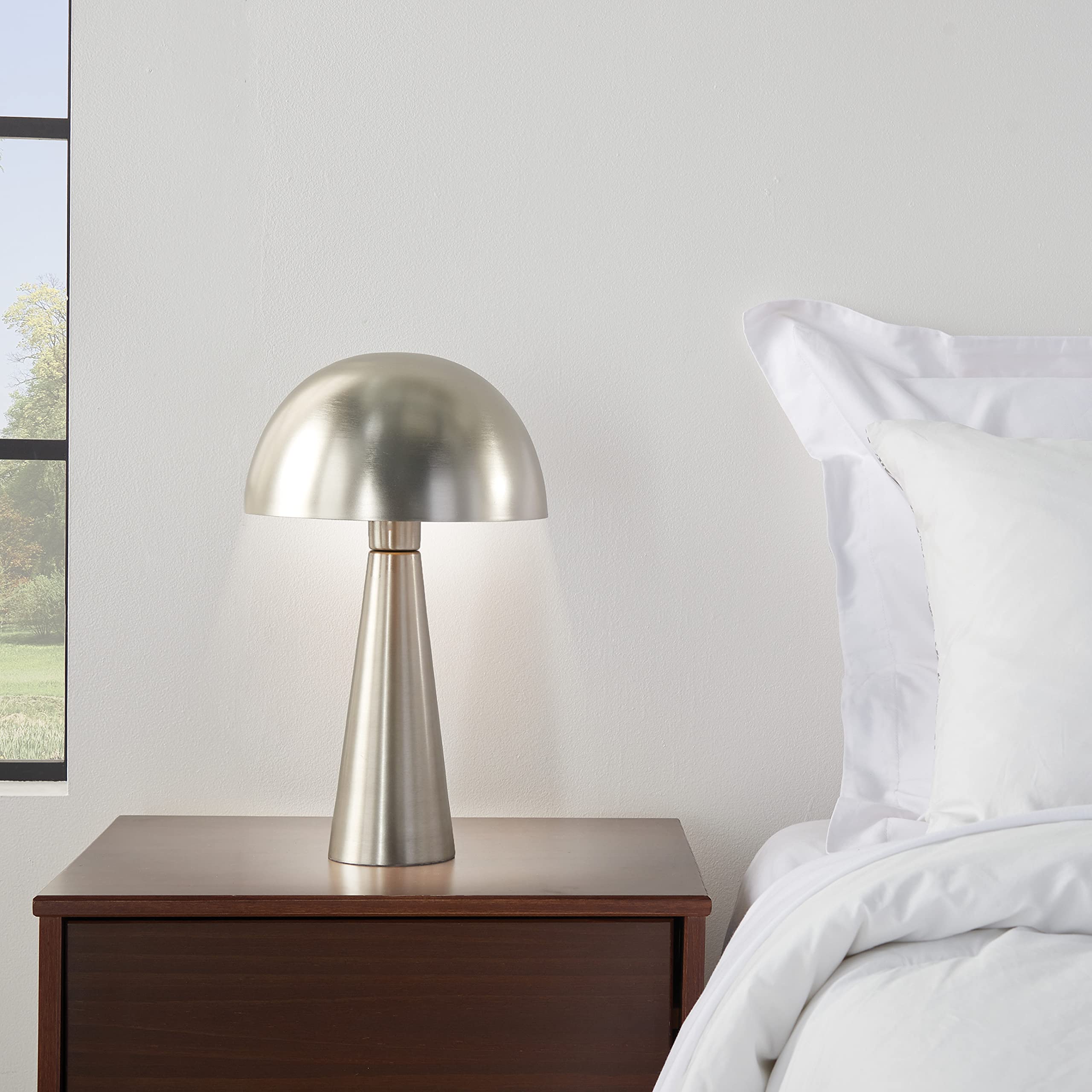 Nourison 16'' Silver Metal Mushroom Table Lamp, Modern, Retro, Desk Light For Bedroom, Dining, Office, Entryway