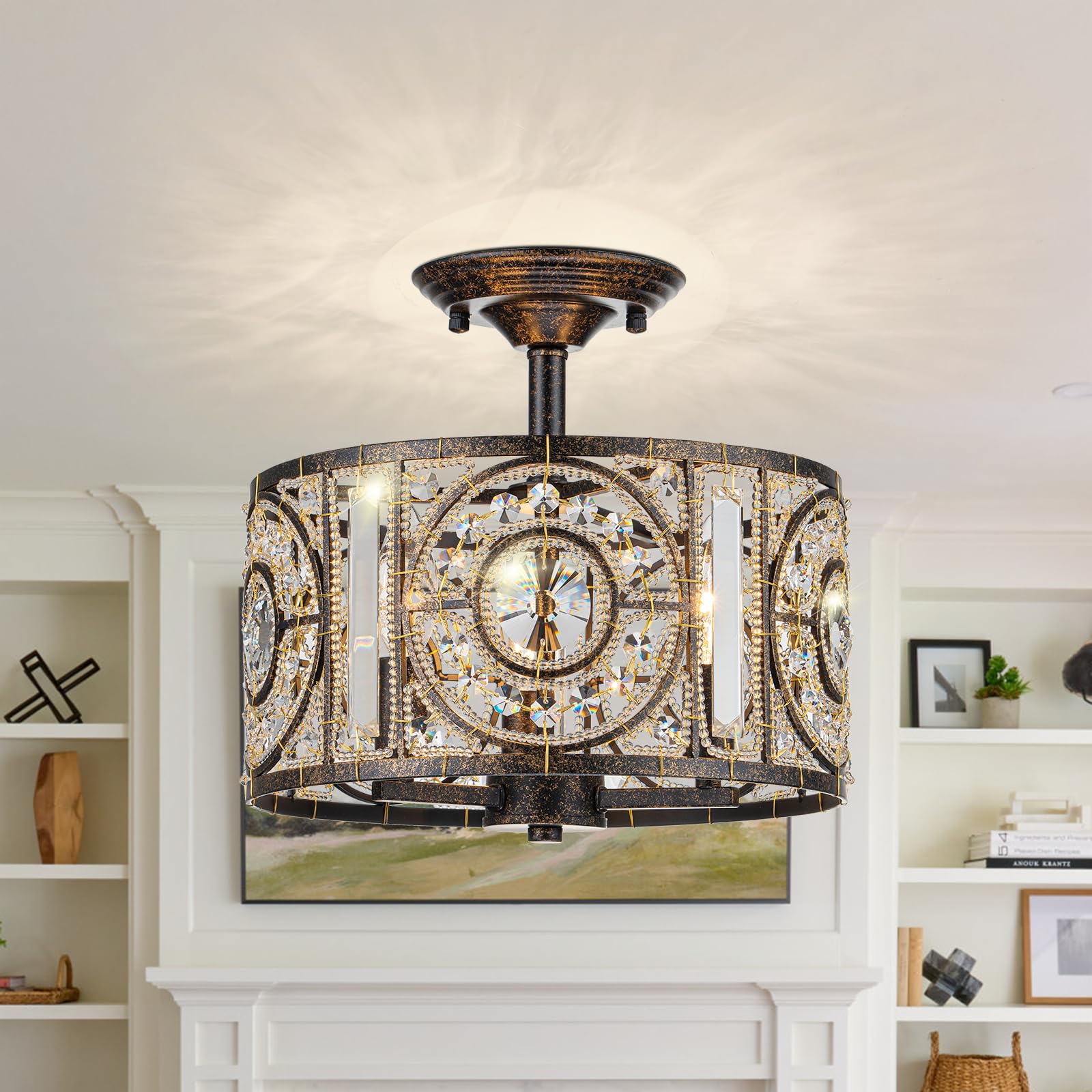 Zicbol Vintage Crystal Drum Chandelier  3-Lights Bronze Finish Retro Chandelier Lighting Fixtures  Semi Flush Mount Ceiling Light for Dining Room Living Room Bedroom Entryway Etc.