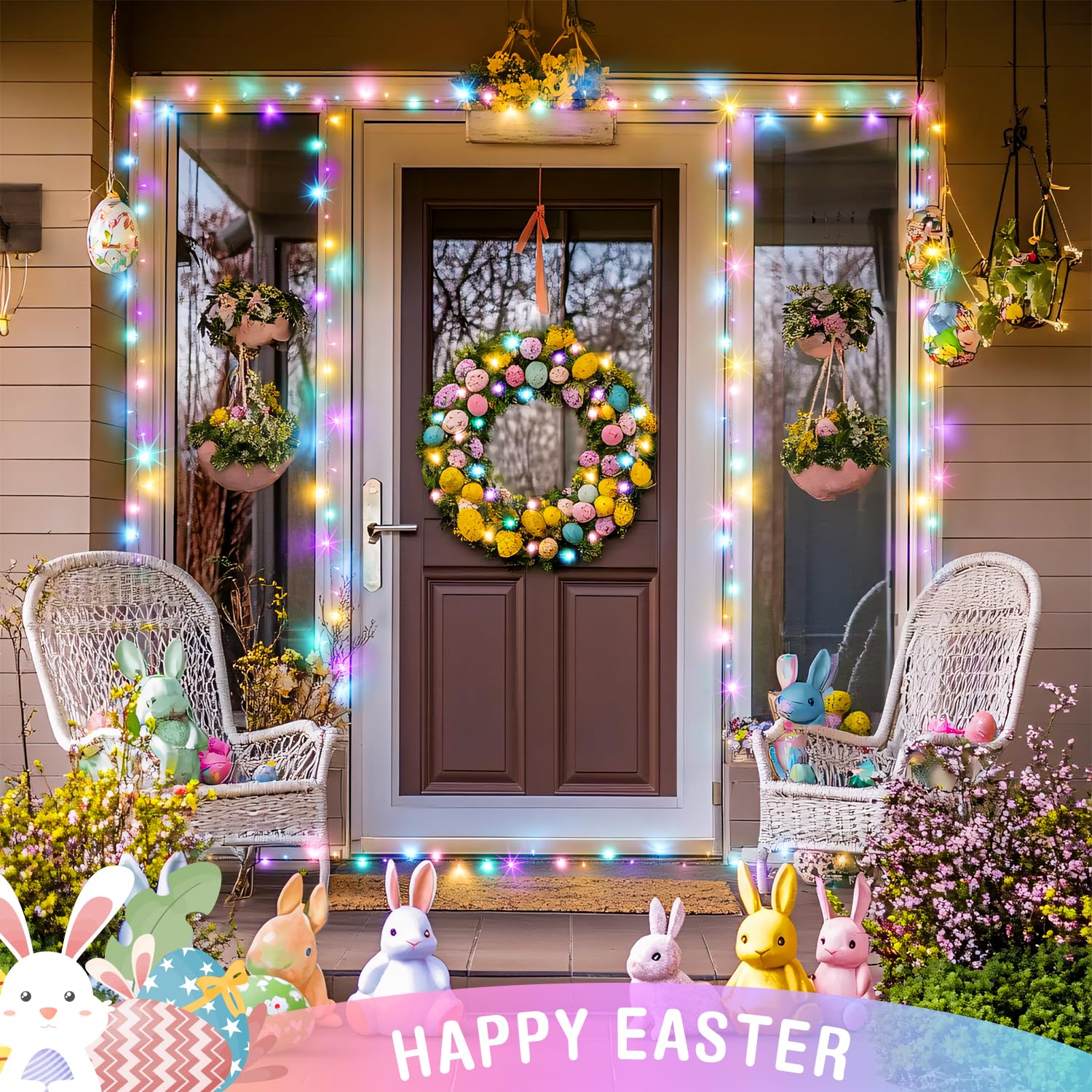 Potive Easter Lights Battery Operated Indoor,2 Pack Total 66Ft 200 Led Easter String Lights Battery Powered,8 Modes Multicolor E