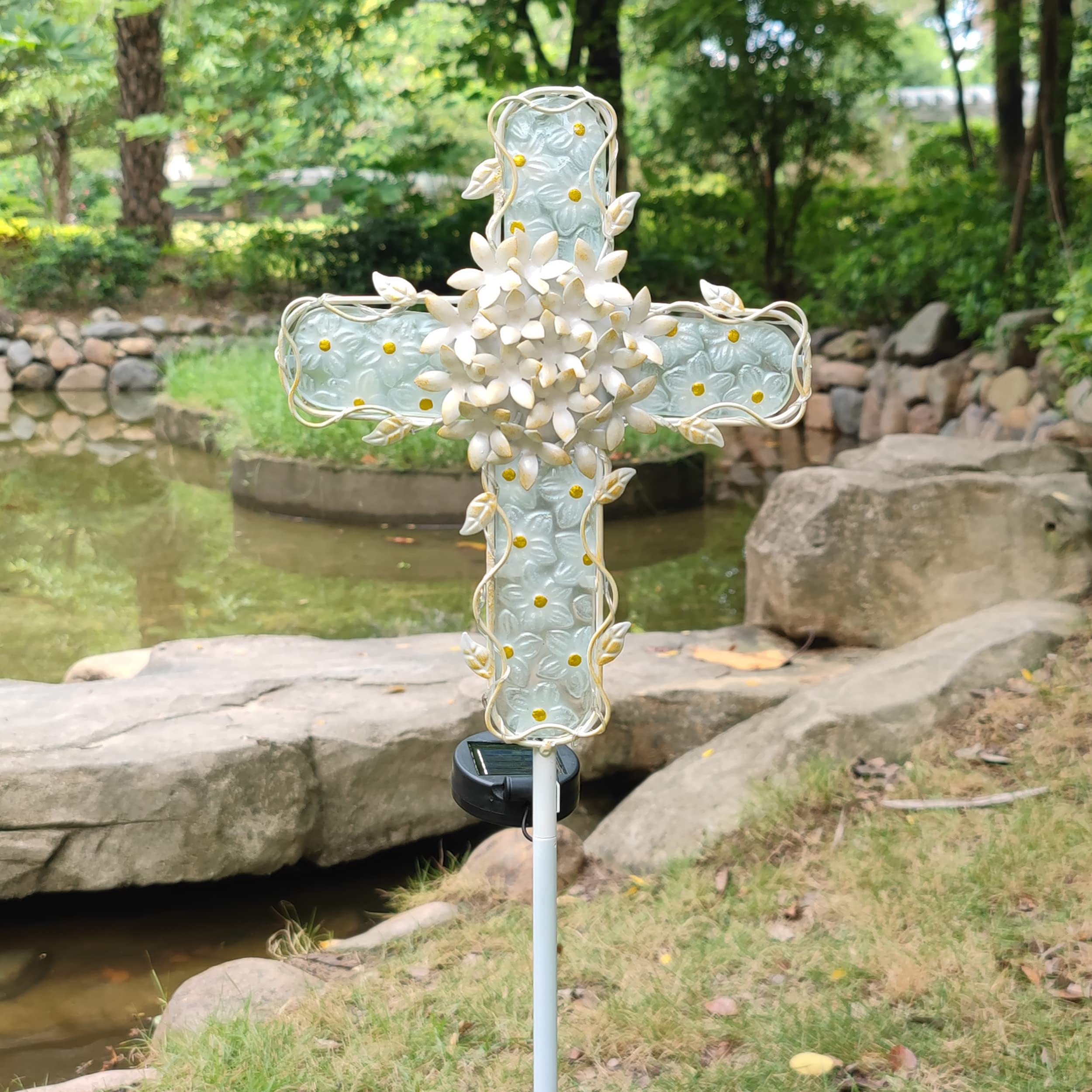 Coozzyhour 38Inch Solar Cross Garden Lights Outdoor Decorative - Solar Metal&Glass Cross White Hydrangea Flower Stake Lights- Wa