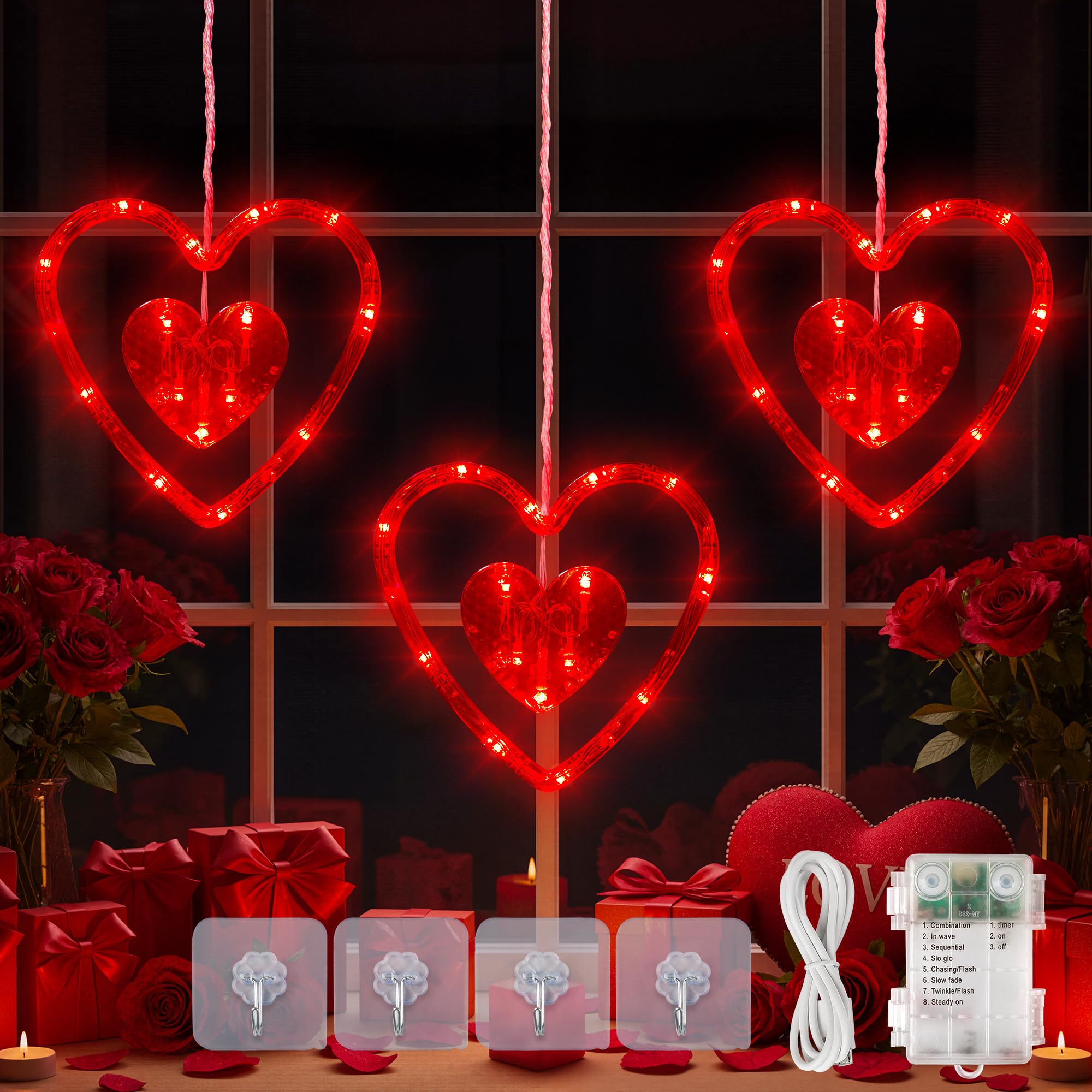 Hopolon Valentines Day Window Lights 2Ft 45Led Red Heart Valentines Day Decorations Lights Battery/Usb Operated Light Waterproof  8Modes&Timer For Indoor Outdoor Holiday Home Wall Door Decor(4Hooks)