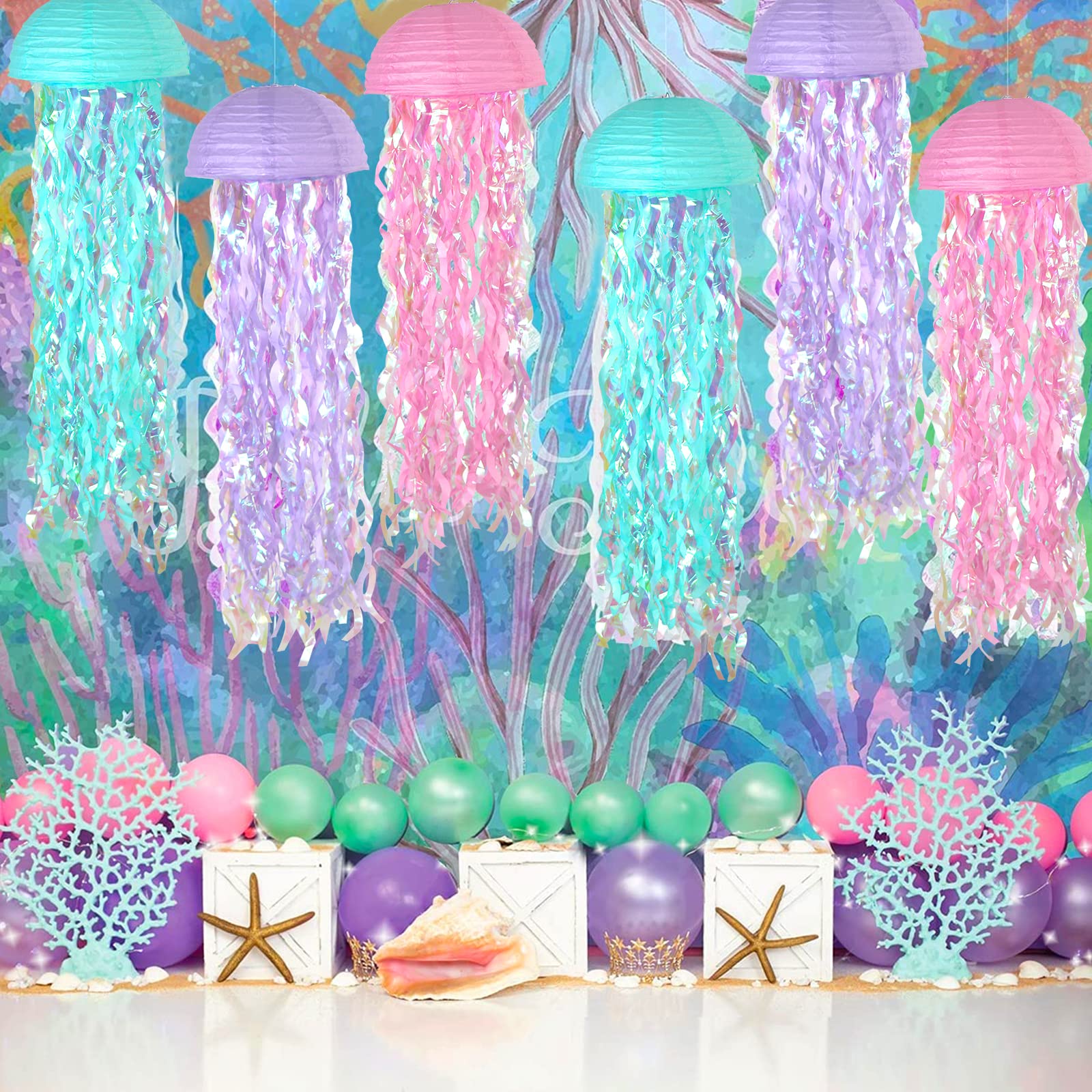 Adlkgg Hanging Jelly Fish Paper Lanterns, Pink Purple Blue Gradient Colorful Paper Lanterns For Mermaid Theme Birthday Party Und