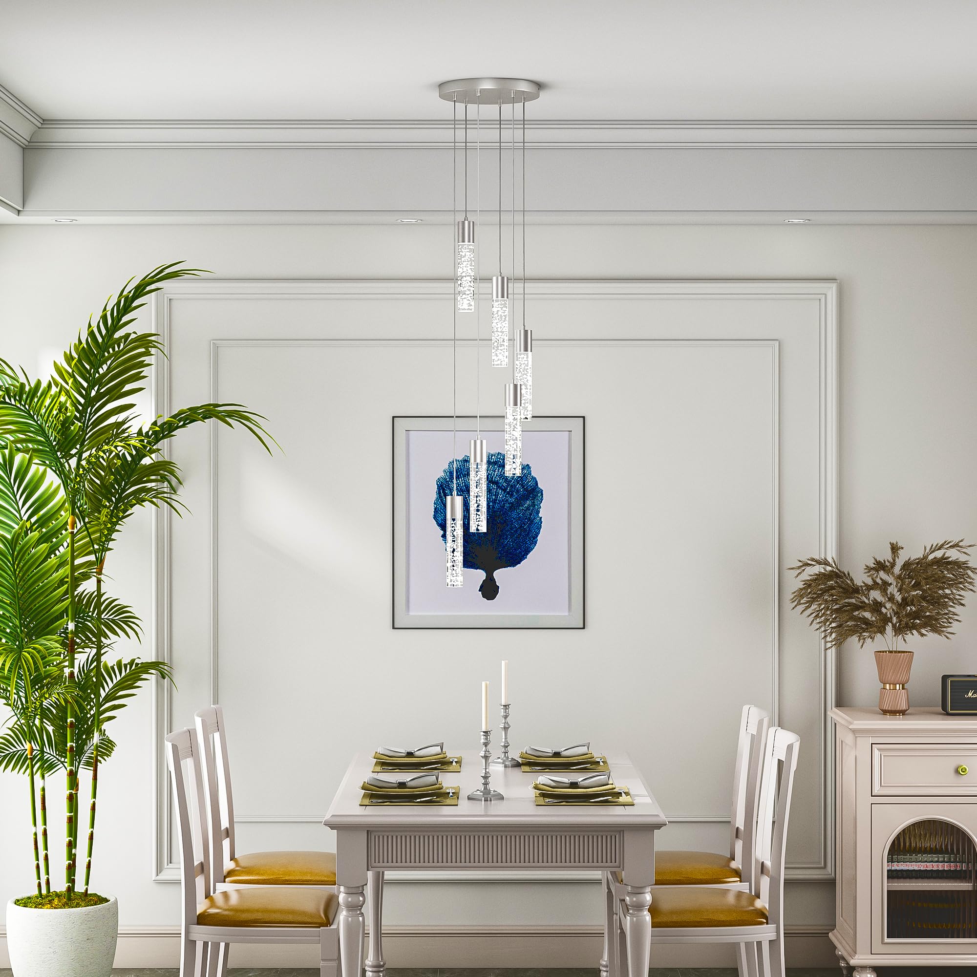 Esfos Pendant Lights Kitchen Island 6-Light, 6500K Modern Kitchen Island Lights Ceiling Lighting Fixtures With Crystal Bubble, I