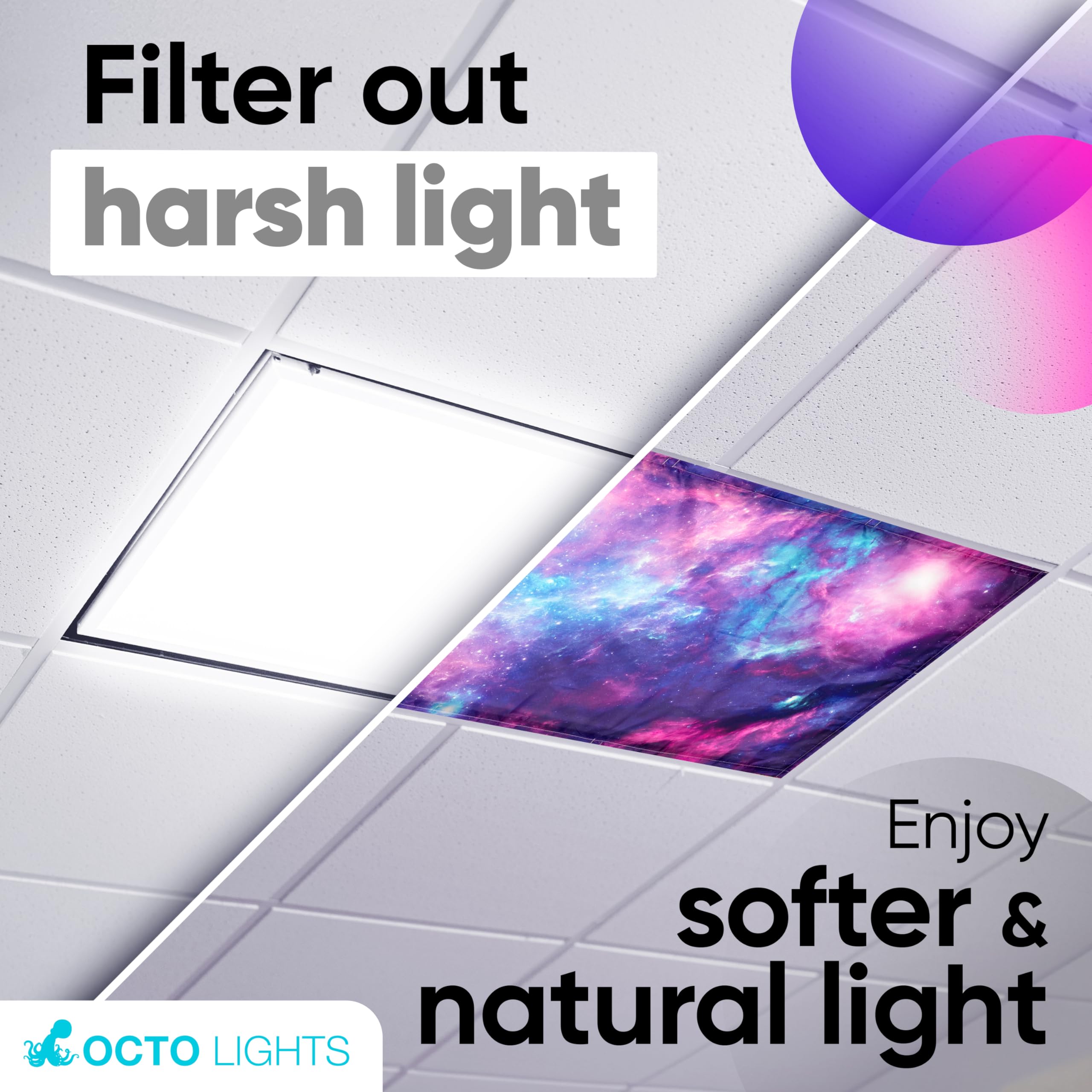 OCTO LIGHTS Magnetic Fluorescent Light Covers - 2x4, 100% Polyester, Purple Nebula, Model Star 001, Pack of 4