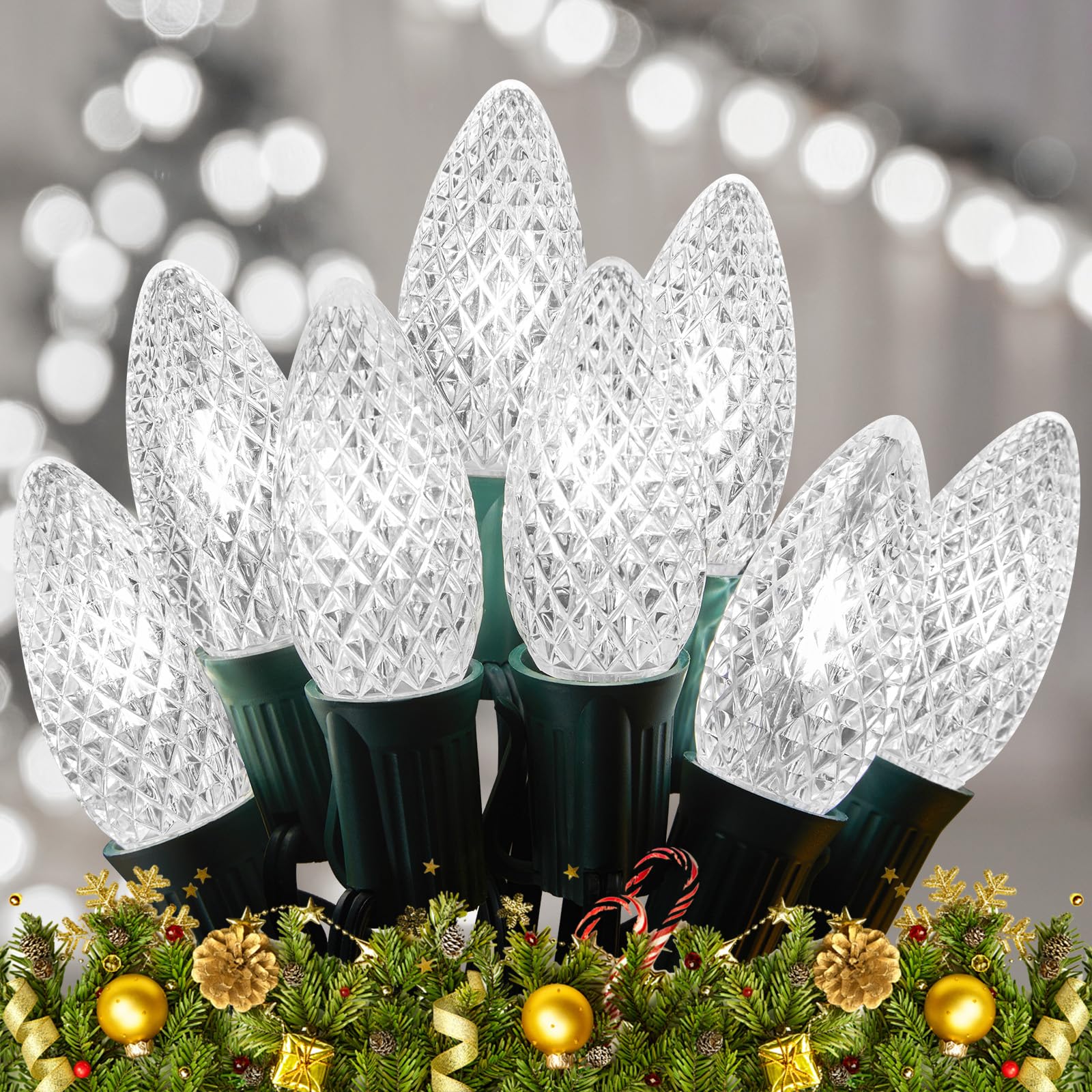 Minetom C9 LED Christmas Lights, 150 FT, 75 LEDs, Connectable, UL Certified, Pure White