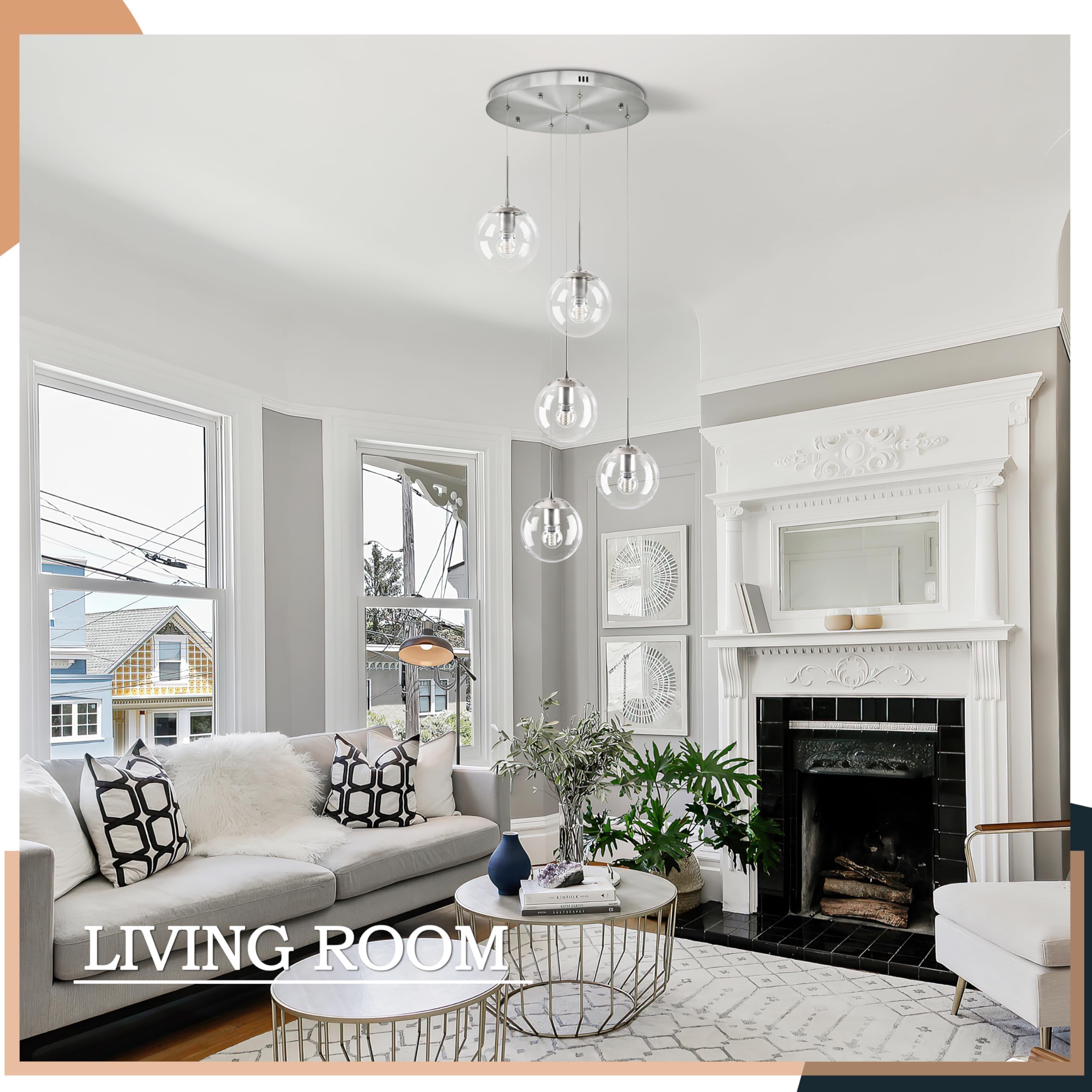 Koko&Yukina 5-Light Globe Glass Pendant Light Adjustable Length Pendant Lights Modern Nickel Clear Globe Glass Chandelier High C