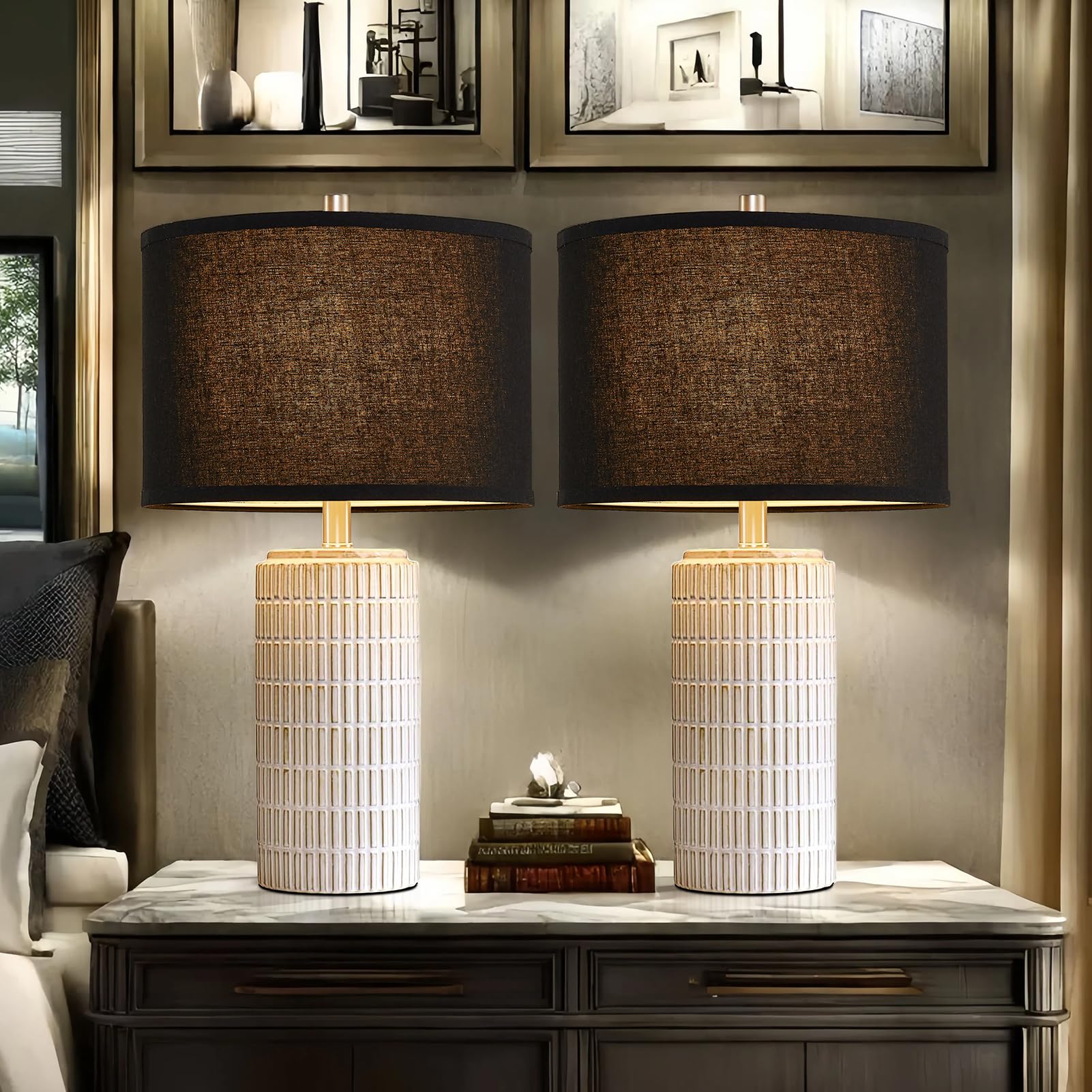 Aieampdo 23'' Set Of 2 Modern Ceramic Table Lamps, Minimalist Bedside Lamp, Rustic Nightstand End Table Lamp For Bedroom, Living