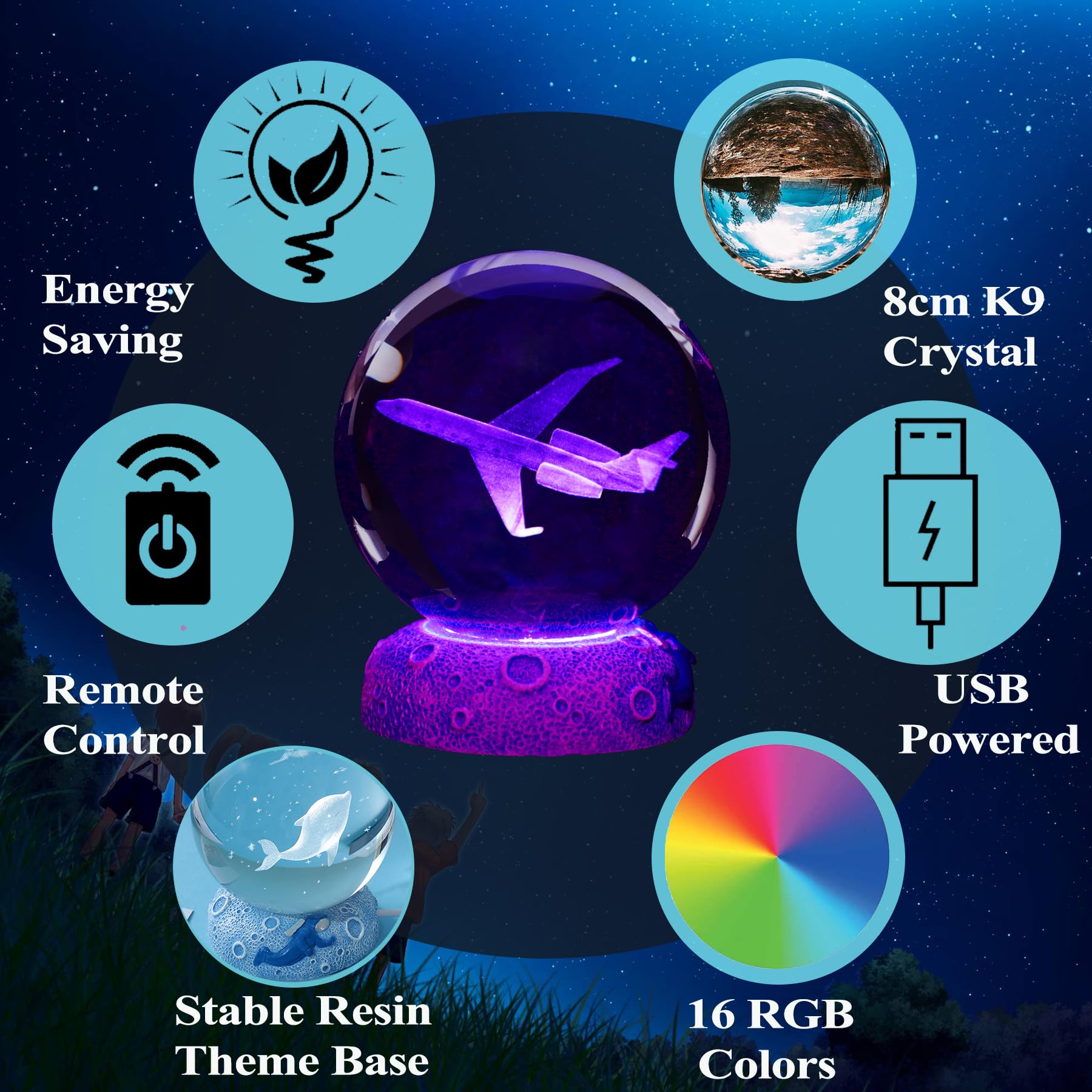 Planes Night Light, Aviation Gifts, 3D Crystal Ball 3.15 Inch (80Mm) Airplane Night Light With Remote, Pilot Lamps With 16 Color
