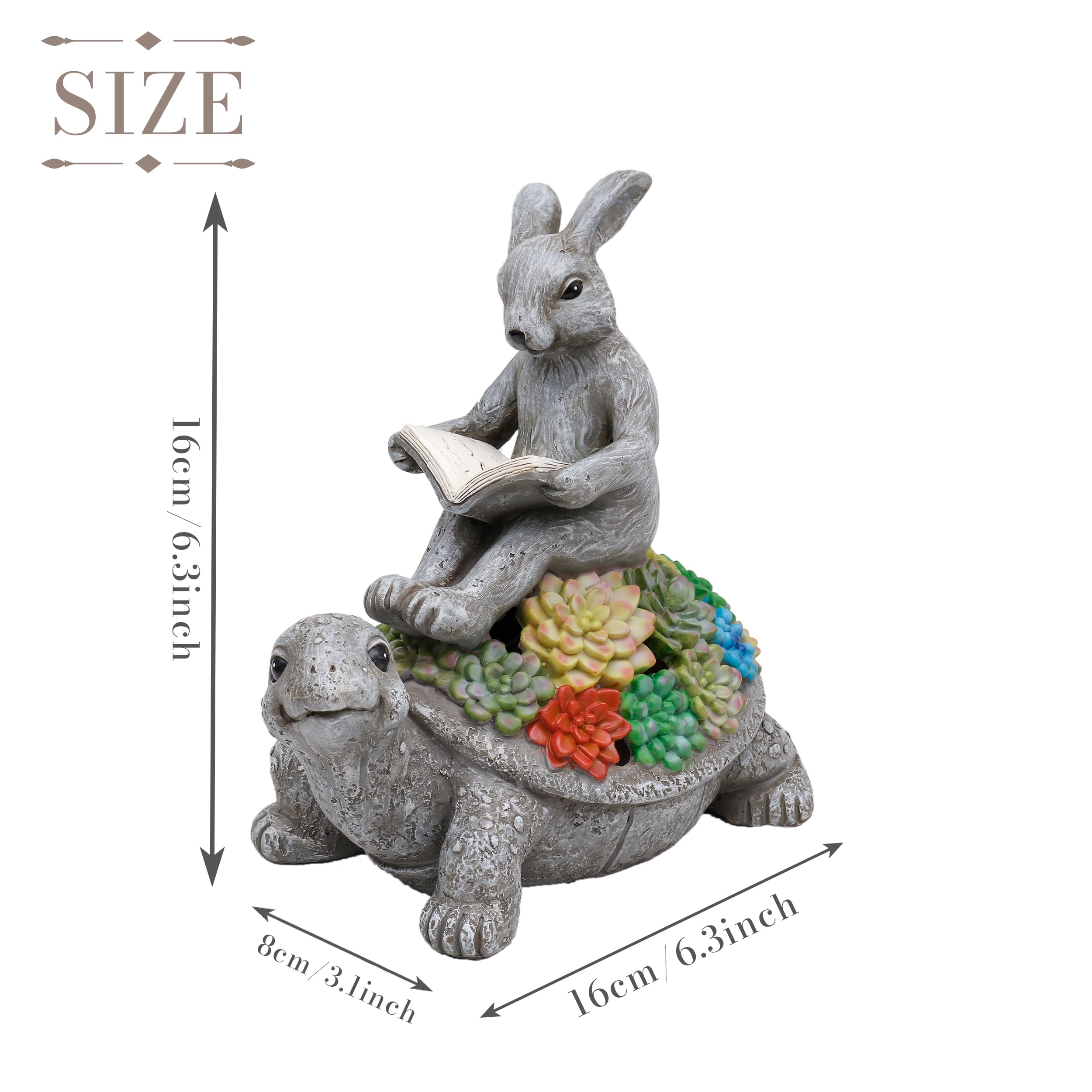 TERESAS COLLECTIONS Garden Decor, Rabbit Turtle Statues, Solar Light, Waterproof Resin, Medium Size, Multicolor