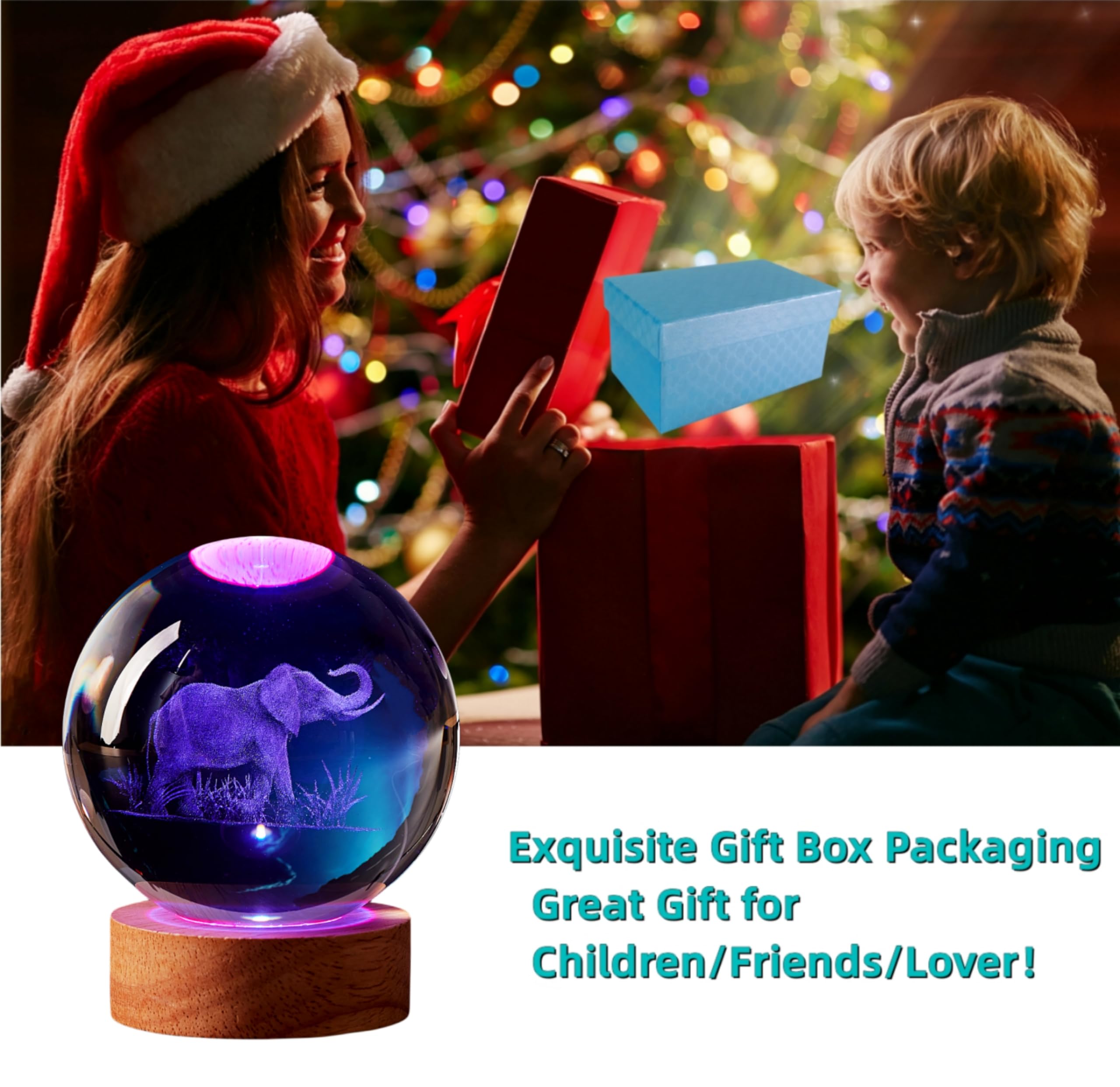 DIGFPWT Elephant Crystal Ball Night Light, 3.15 Inch LED Lamp with Wooden Base, 16 Colors, Gift Box Packaging