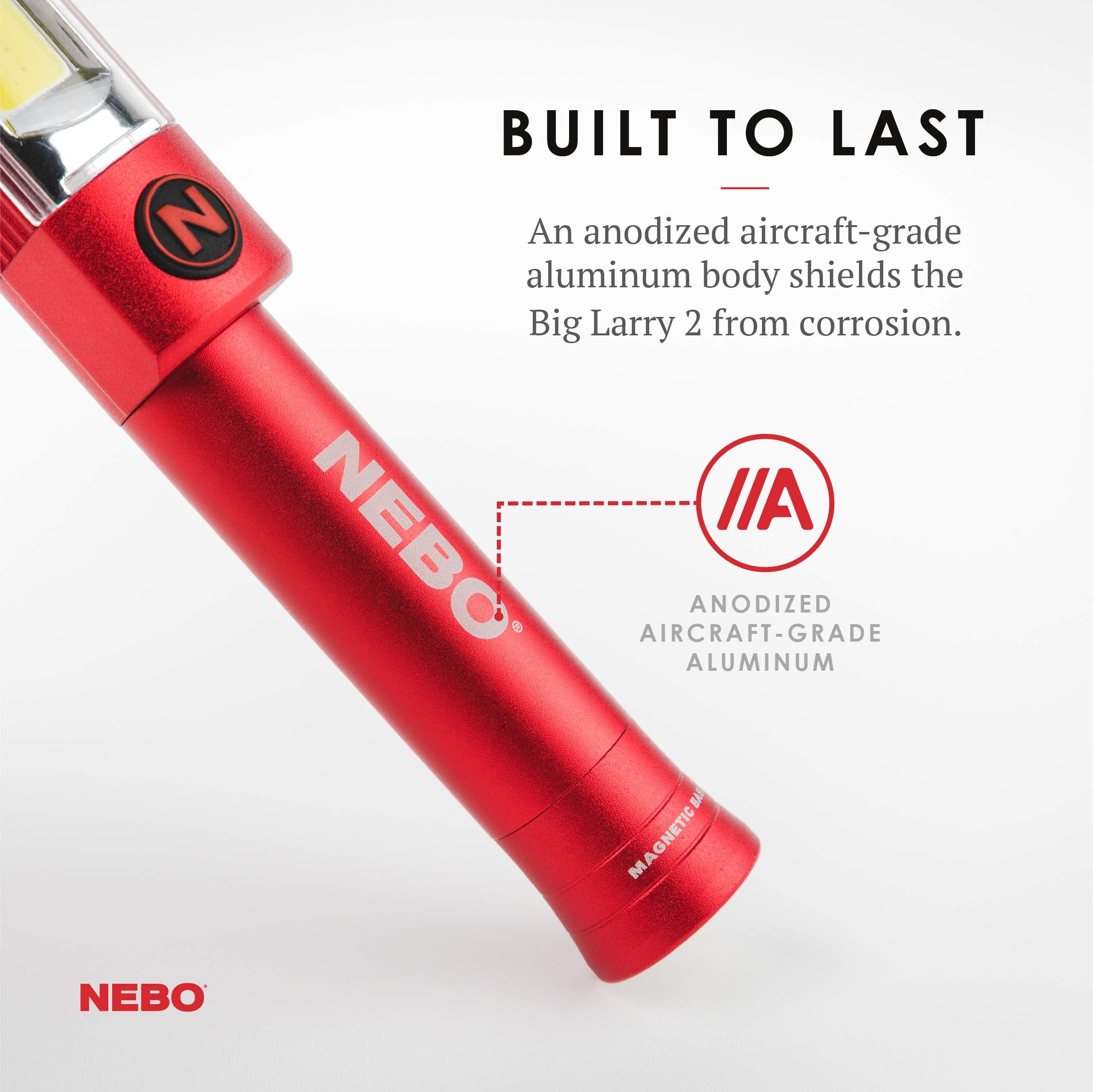 Nebo Big Larry 2 Battery Powered Aluminum Work Light 500 Lumens, Pocket Clip Magnetic Base For Hands-Free Lighting Portable Cob