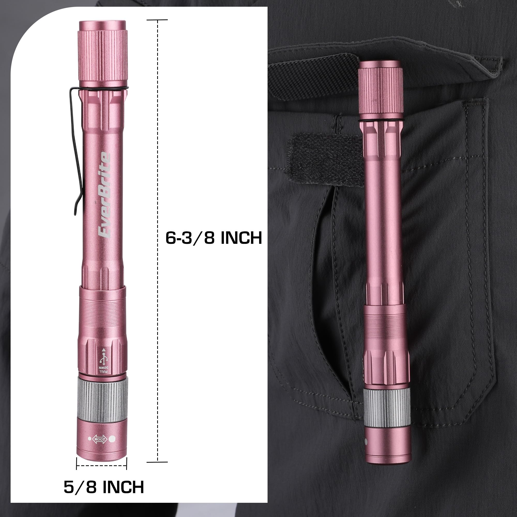 EverBrite Rechargeable Pen Flashlight, 300 Lumens, Zoomable, Aluminum, Pocket Size, Pink, Model E101125AE