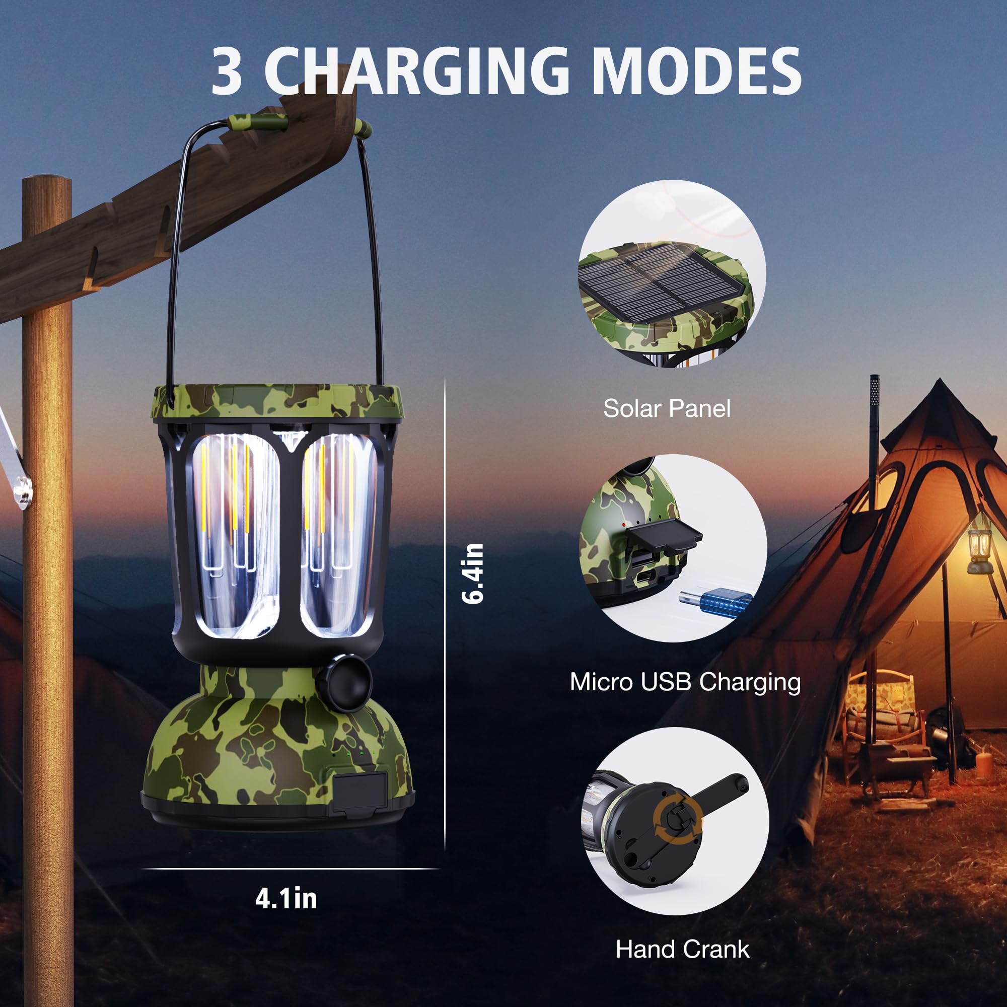 Raynic 6000 LED Camping Lantern, 650LM, Hand Crank, Solar Powered, Camo-Green, Model CL7000, Rechargeable Emergency Light