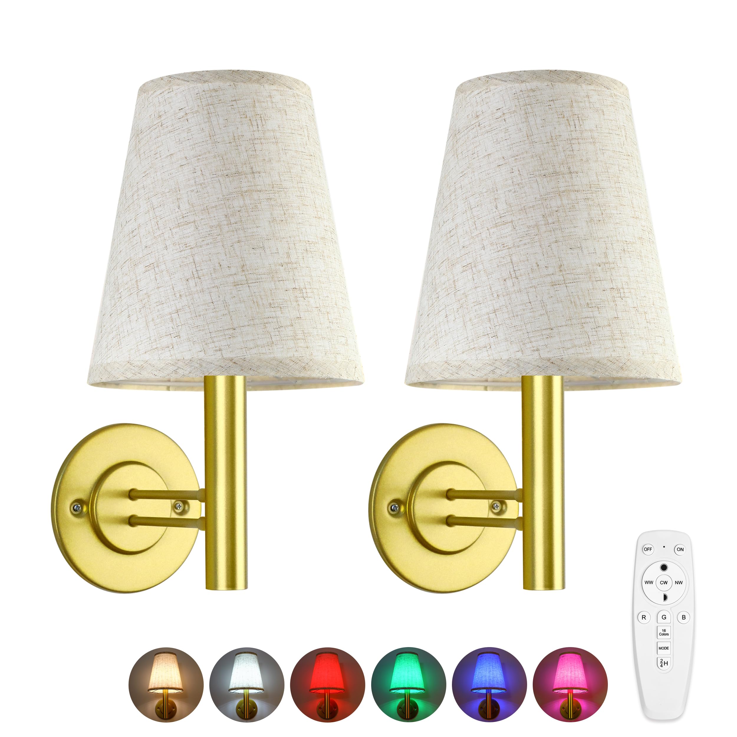 TECOMLIGHT Battery Operated Wall Sconces, Wireless LED Lamp with Remote, Satin Gold, Model TWS-002, Set of 2