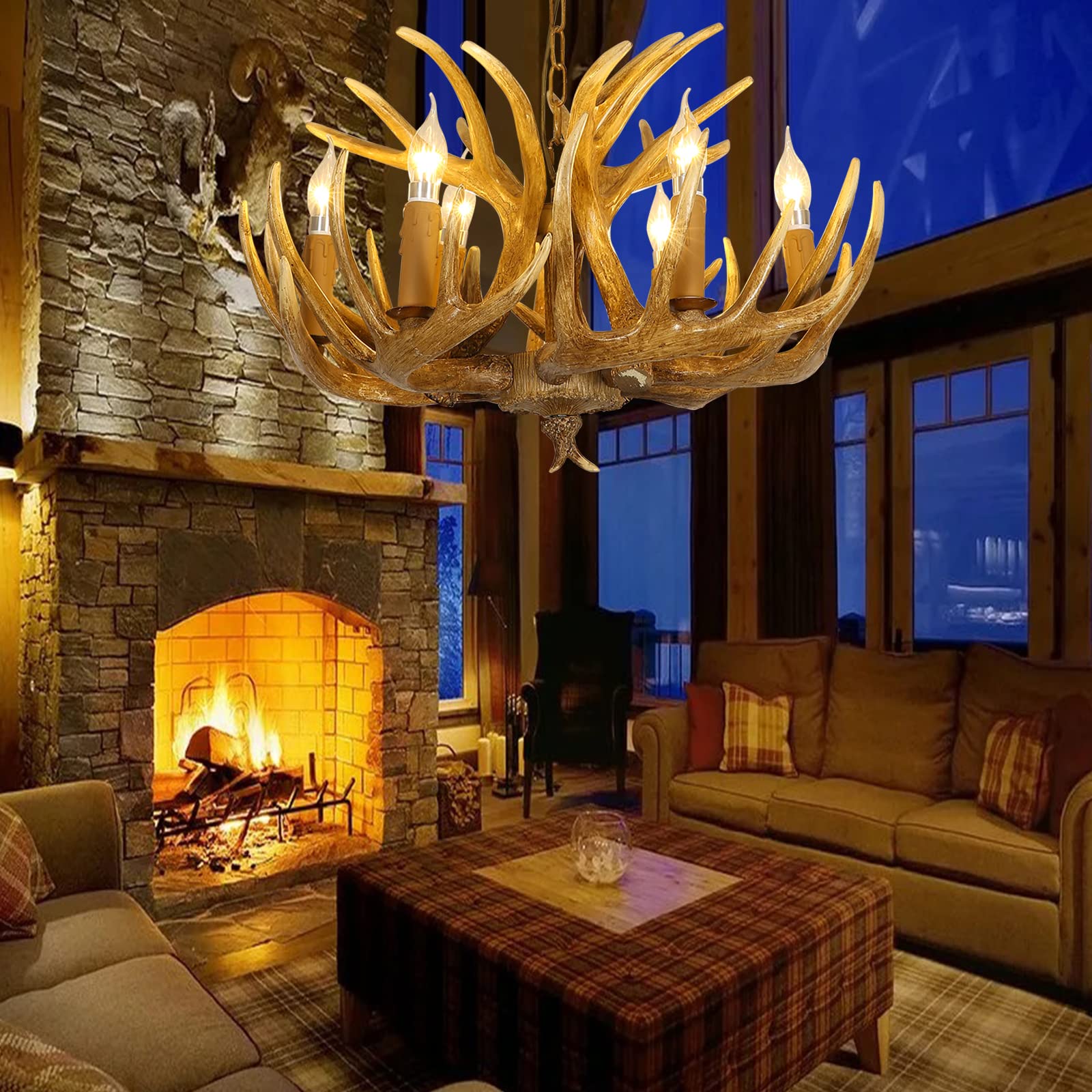 AUNLPB Antler Chandelier 6 Light Vintage Style Faux Resin 26 Inch for Living Room, Cabin - 6 Lights, 9 Arms