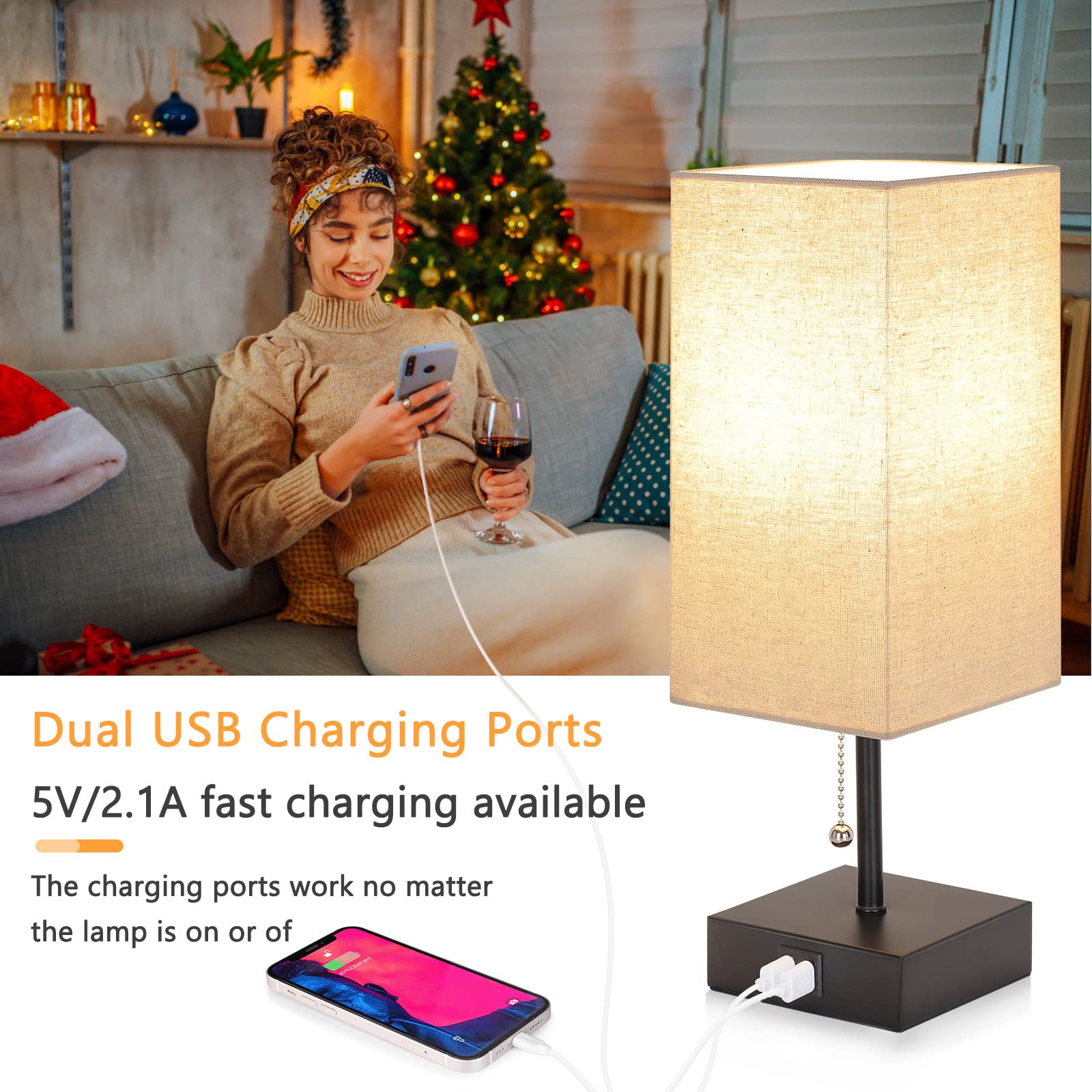 Ggoying Bedside Table Lamp, Pull Chain Table Lamp With 2 Usb Charging Ports, 2700K Led Bulb, Fabric Linen Lampshade, Nightstand