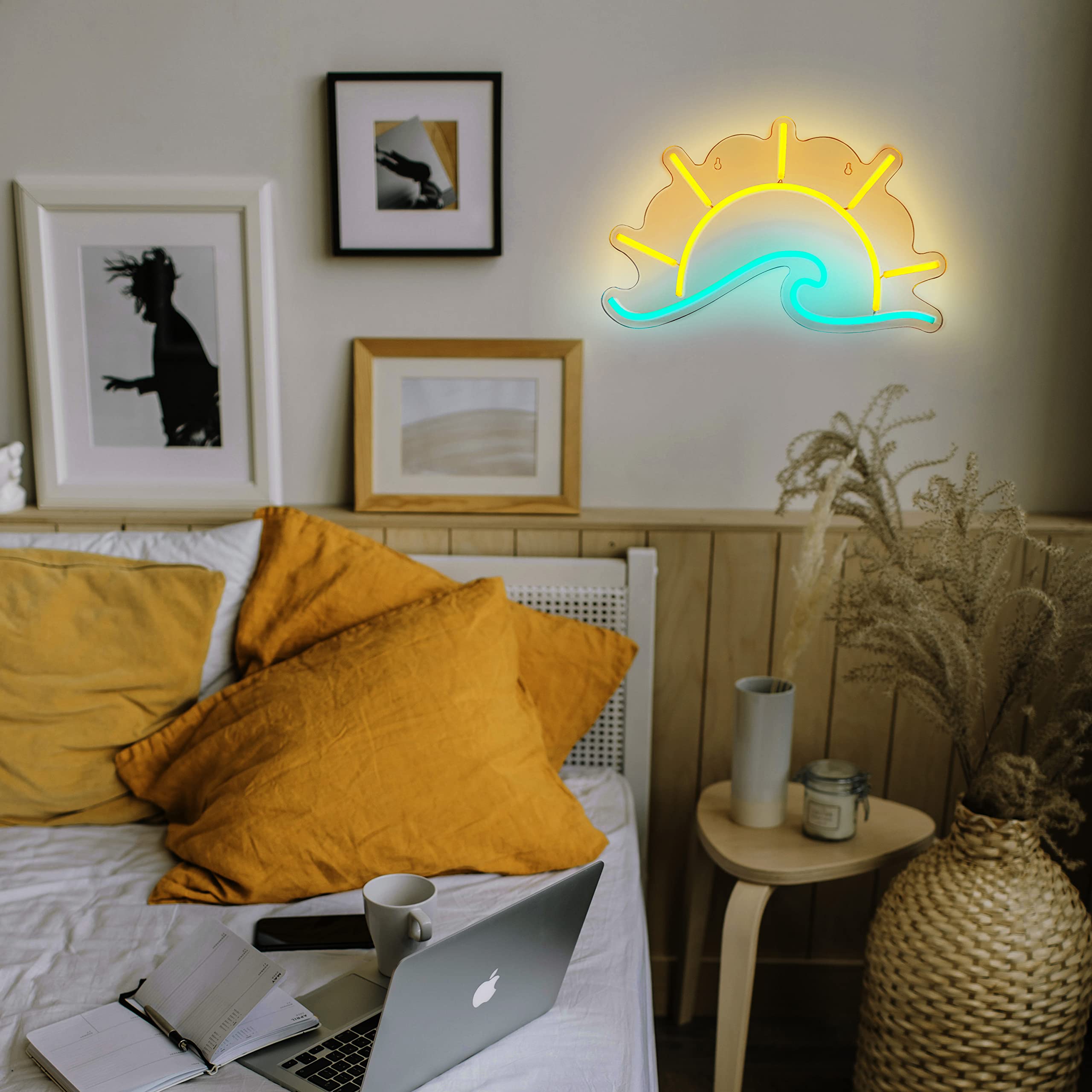 JIARODEY Neon Sign - Sunset Sunrise Wave Light for Wall Decor - 15.7x9.4in - Yellow + Ice Blue - Model: sunsea