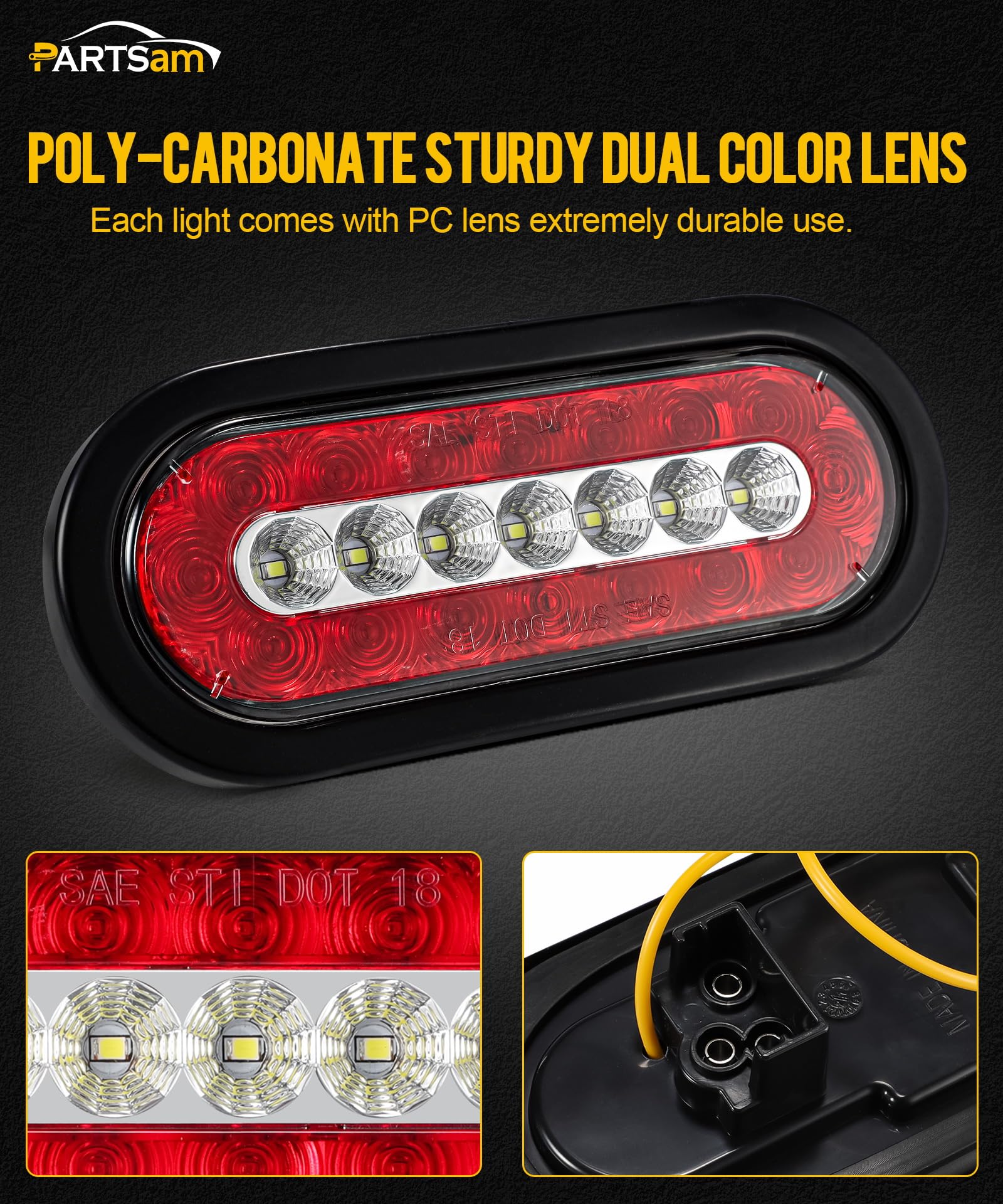 Partsam 4Pcs 6.3&quot; Inch Oval Led Trailer Taillights Stop Brake Lights Running Red And White Backup And Reverse Lights, Sealed 6.3 Inch Oval Led Trailer Lights Kit Grommet Mount For Rv Trucks