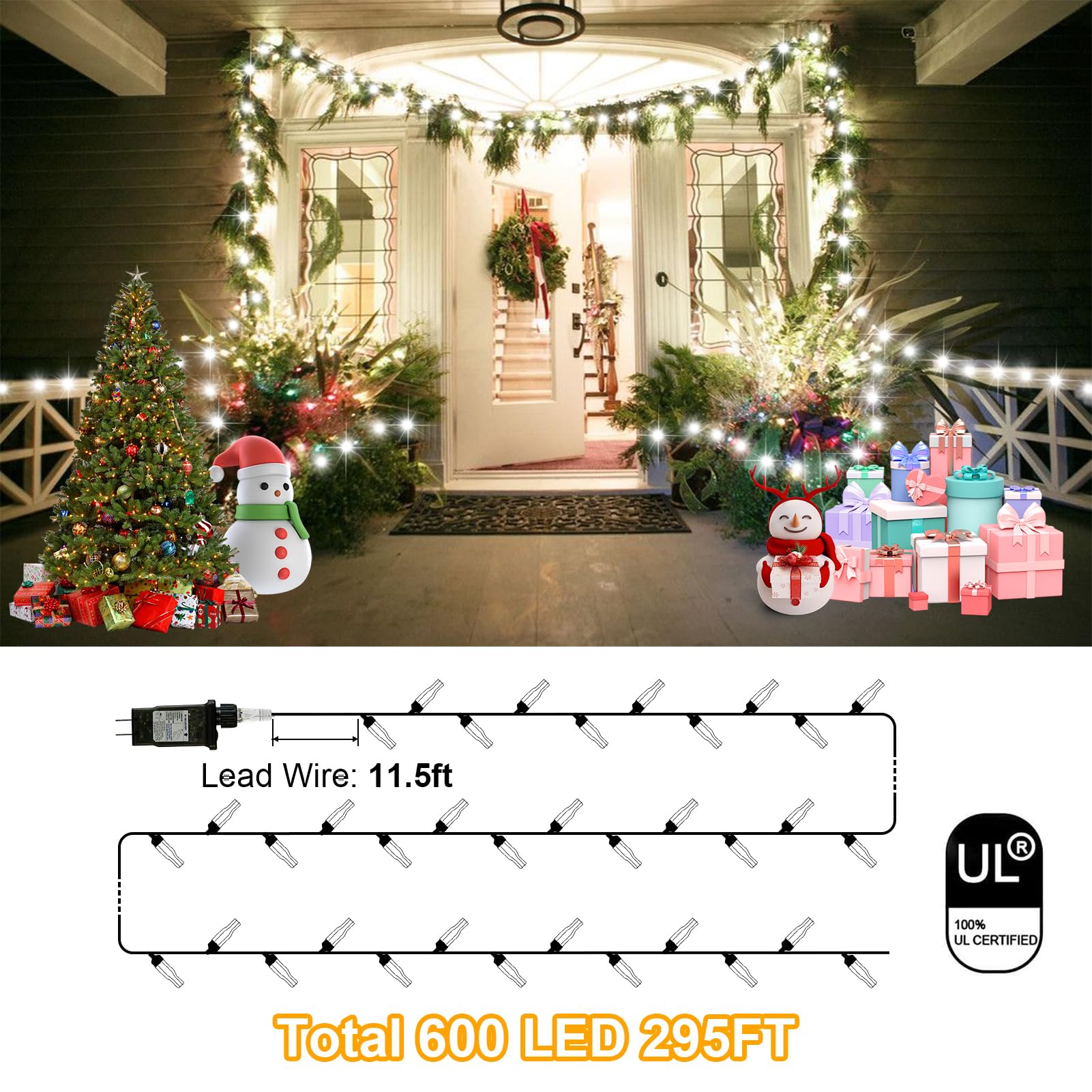 Flvoecn 295Ft 600Led F8 Upgraded Christmas Lights Outdoor Decorations 8 Modes & Memory Timer Christmas Lights With Plug In Water