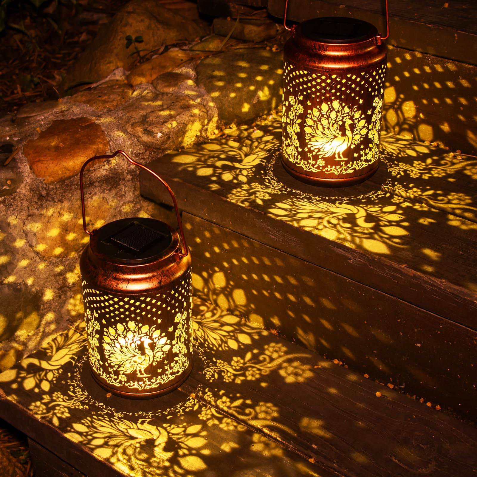 YISITEONE 2 Pack Peacock Solar Lanterns, Metal Hanging Lights for Outdoor Garden, Brown, Model ES04250700008