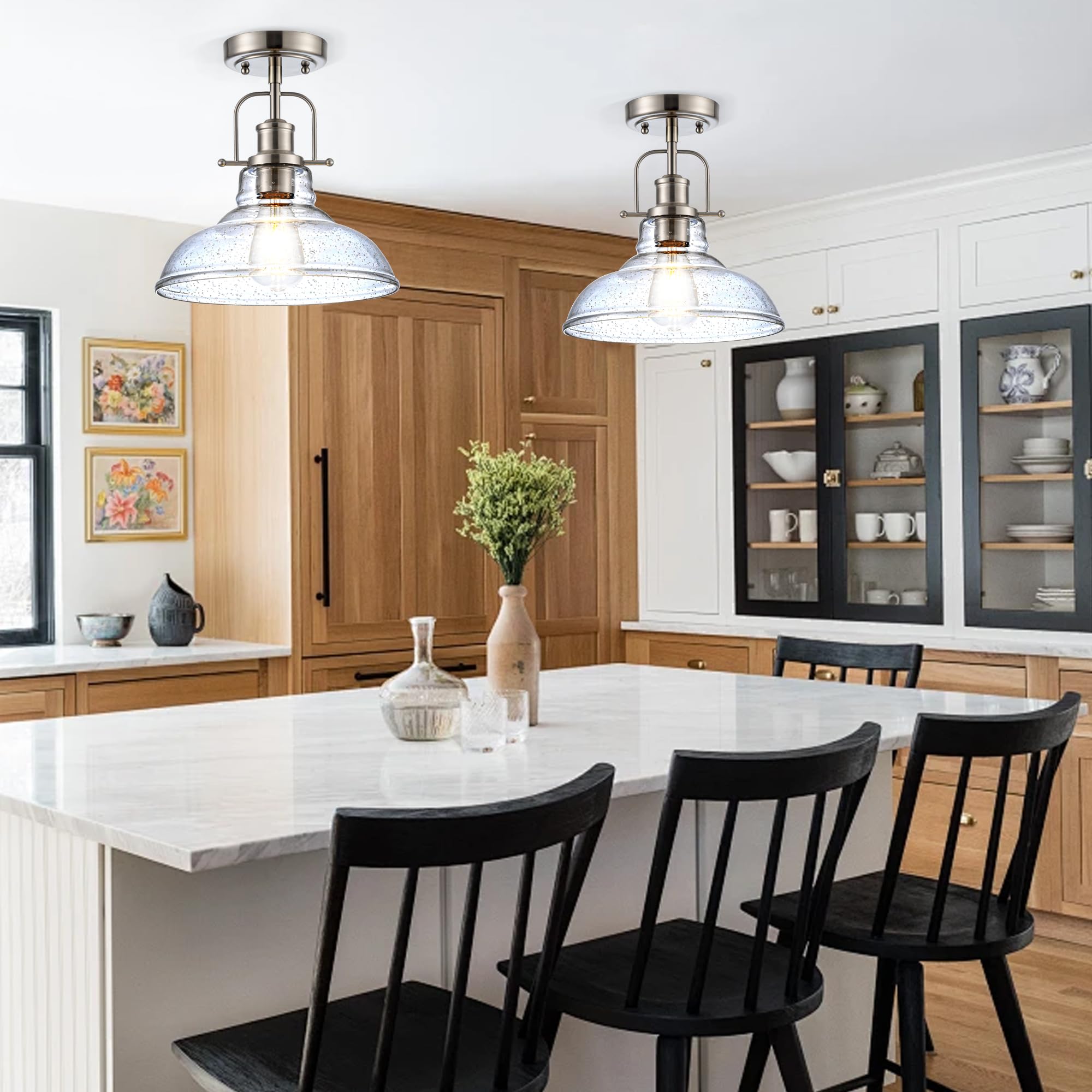 Zlepmlla Modern Flush Mount Ceiling Light Fixture, < Bulb Not Included> Brushed Nickel Finished With Clear Glass Shade, Farmhouse Light Fixture For Kitchen Island Entryway Porch Foyer Dining Room