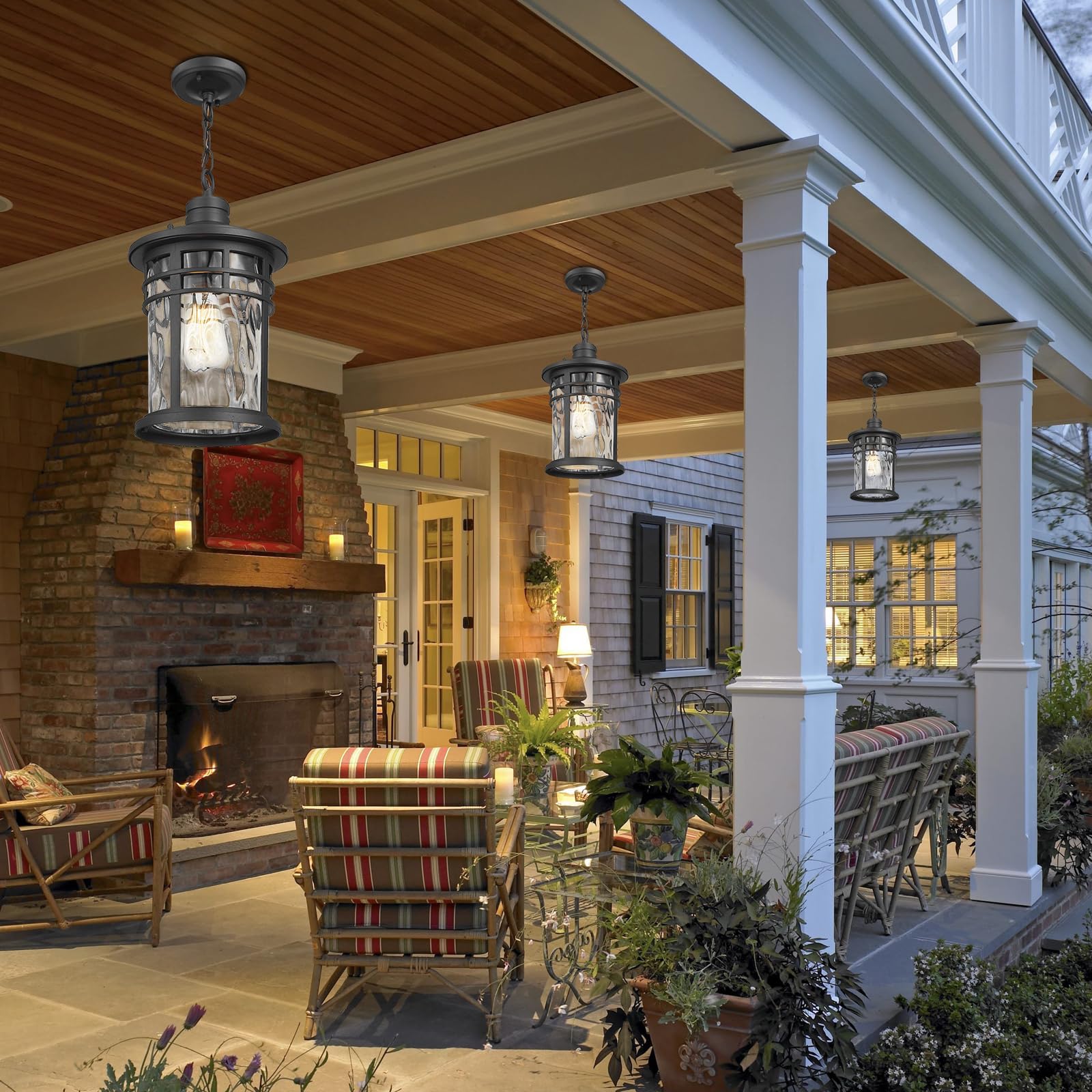 Darkaway Large Outdoor Pendant Light, 15in Aluminum Chandelier with Water Ripple Glass, Ceiling Mount for Porch, Black