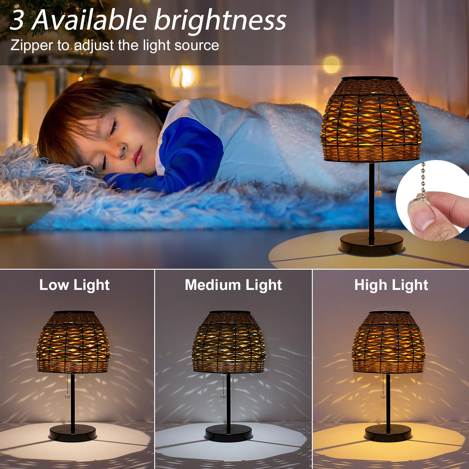 Livinlarge Outdoor Solar Table Lamp,3 Color Temperatures Bedside Lamps With Usb-C Ports,Boho Desk Lamps Pull Chain Table Lamps W