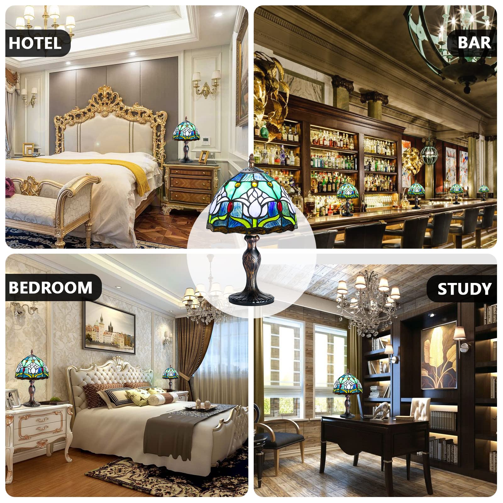 Miaoke Stained Glass Lamp Stained Glass Table Light  Handmade Desk Bedside Table Night Lamp  Antique Art Craft Gifts Lover Kid Living Room Bedroom Study Bookcase Desk Ligh-Blue Tulip