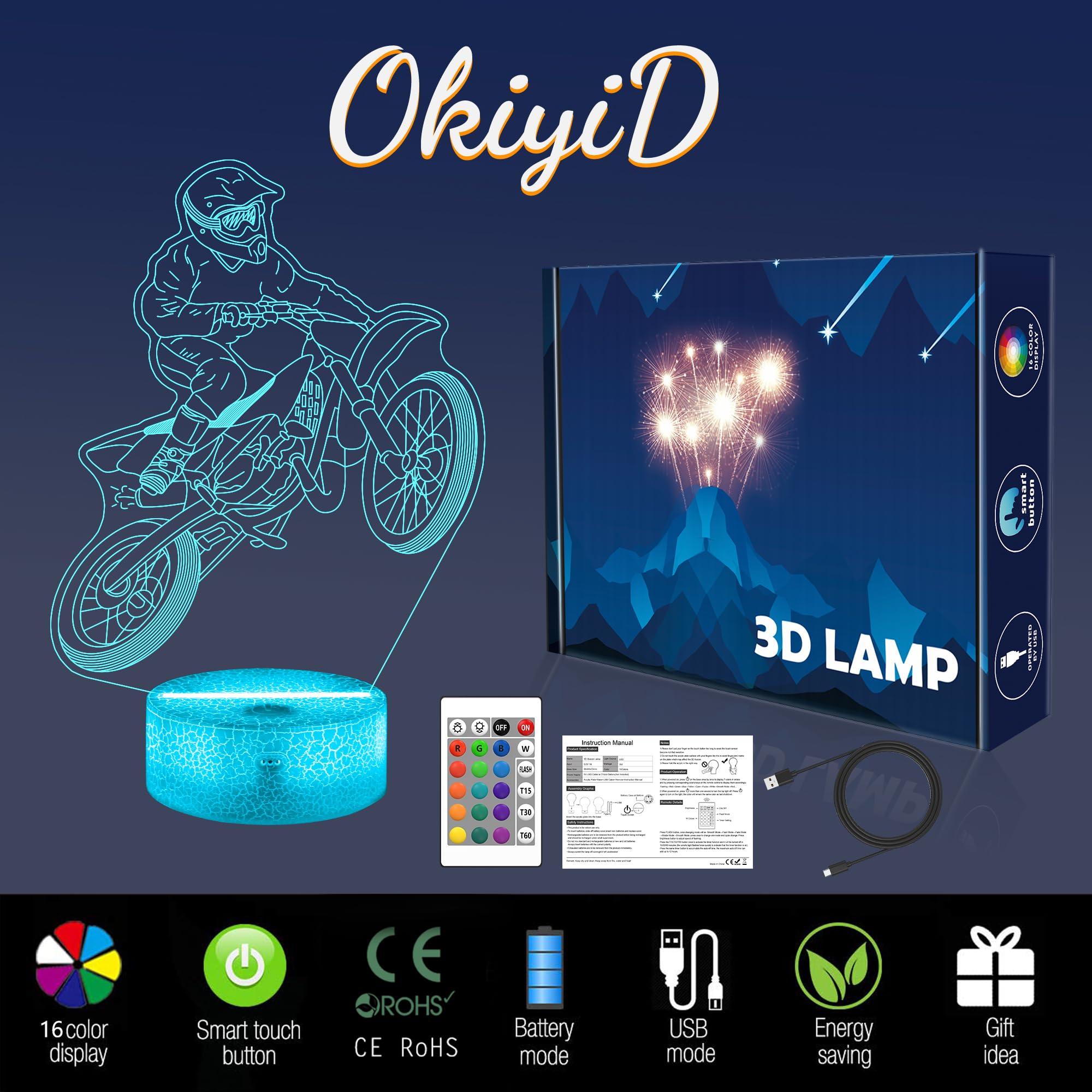 Okiyid Dirt Bike Night Light, Dirt Bike Gift, 3D Illusion Lamp, 3D Dirt Bike Night Light With Remote And Touch Control, Dirt Bike Decor For Kids Room, Girls Birthday Gifts