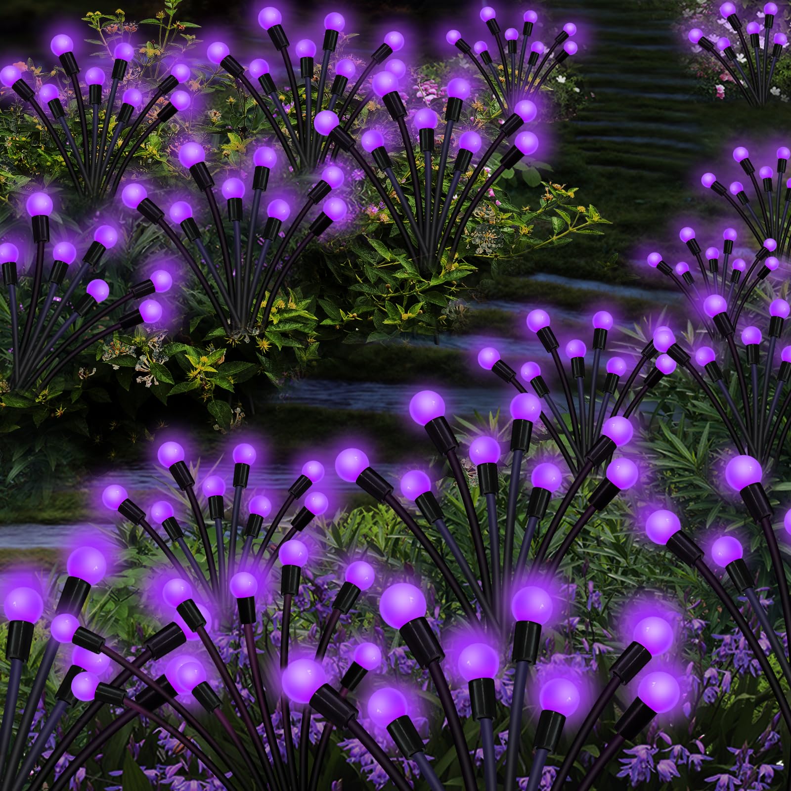 Kohlrabi Solar Garden Lights, 6 Pack, 60 LED Waterproof Purple Firefly Lights for Yard and Patio Decoration