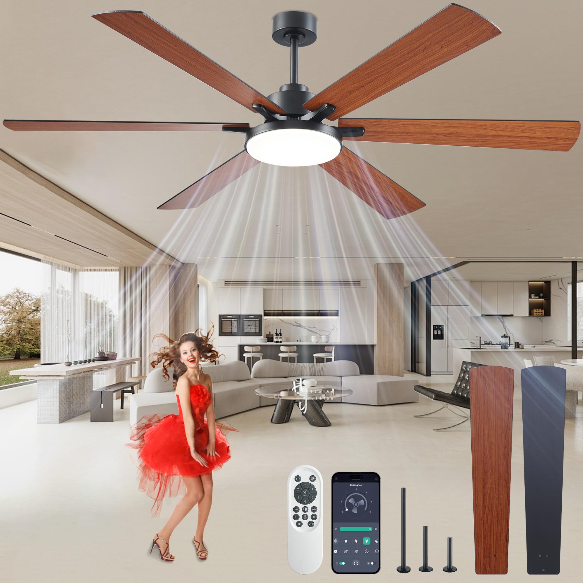 DIAMONDFORGE 72 inch Ceiling Fans with Lights and Remote Control,Indoor/Outdoor Low Profile Flush Mount Commercial Dimmable Reve