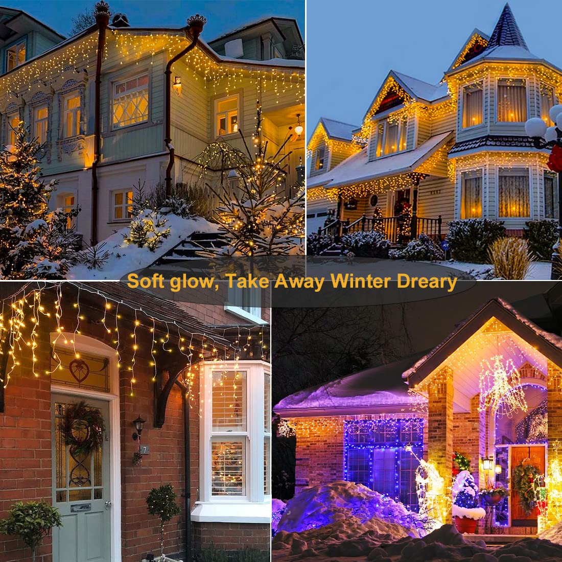 Nielfoi Warm White LED Icicle Lights, 66ft, 640 Lights, Waterproof, 8 Modes Timer, Clear Wire for Outdoor & Indoor Holiday Decoration