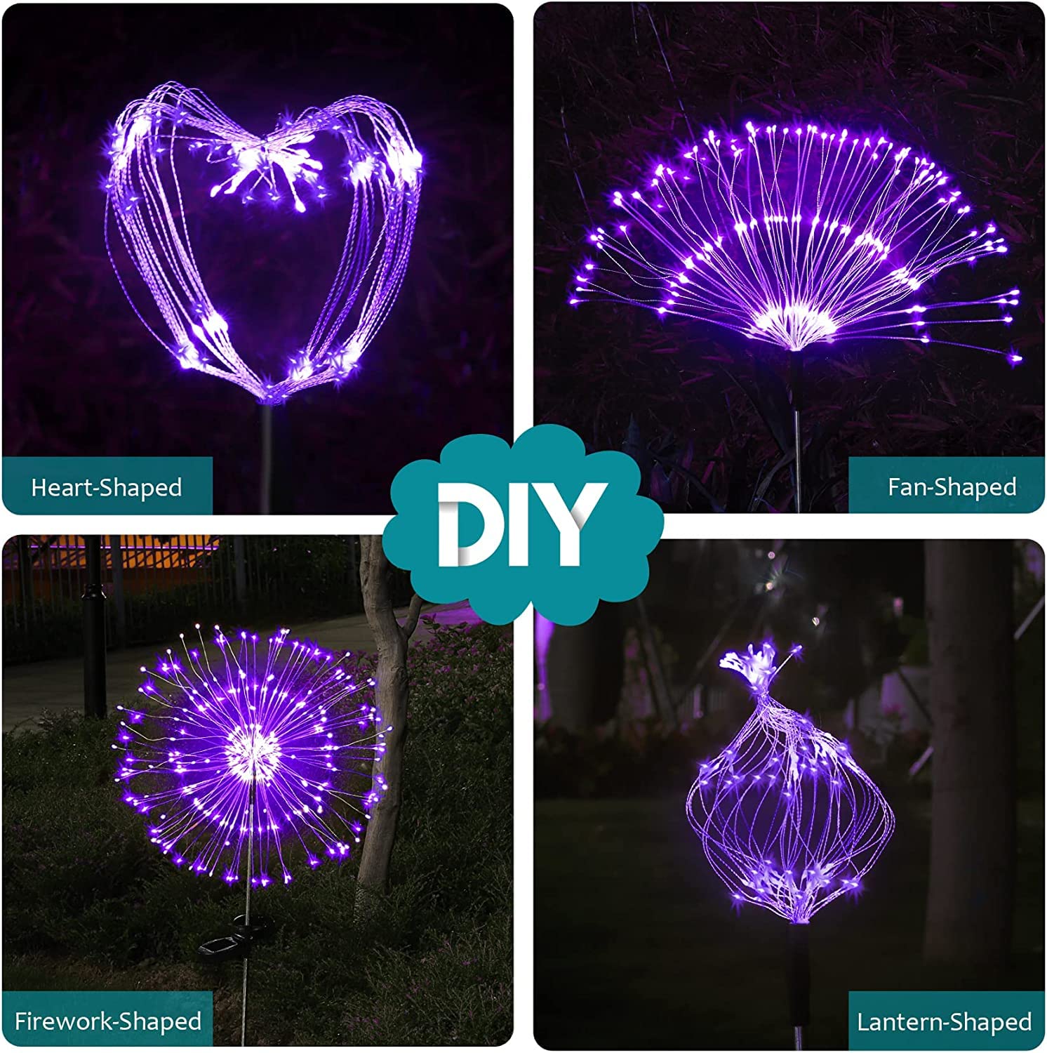 JJGoo Solar Firework Lights, 2 Pack 150 LEDs, Waterproof Outdoor Decorative Lighting, Purple