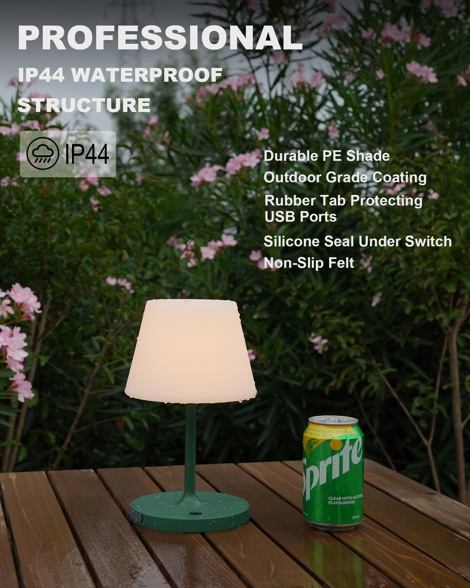 WEILAILUX Outdoor Cordless Table Lamp, Waterproof, 4000mAh, Touch Dimmable, 9.6in, Green, Model WL-3669